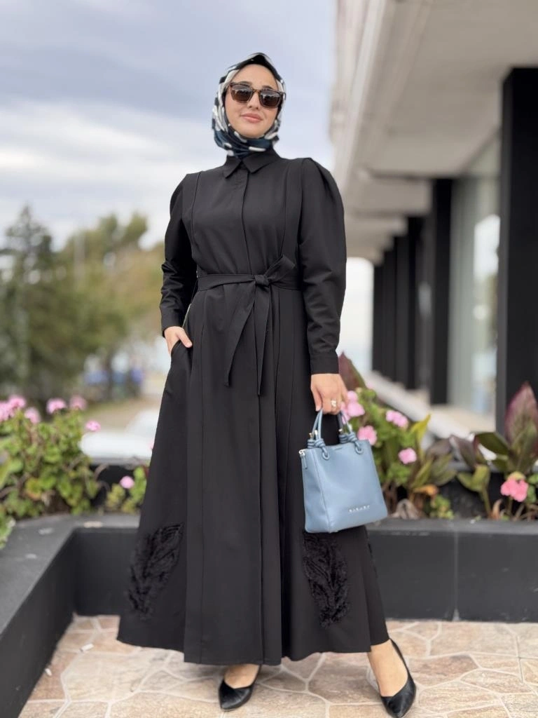 Qupra Etek Ucu Nakış İşlemeli Omuz Detaylı ElbiseWAC95003