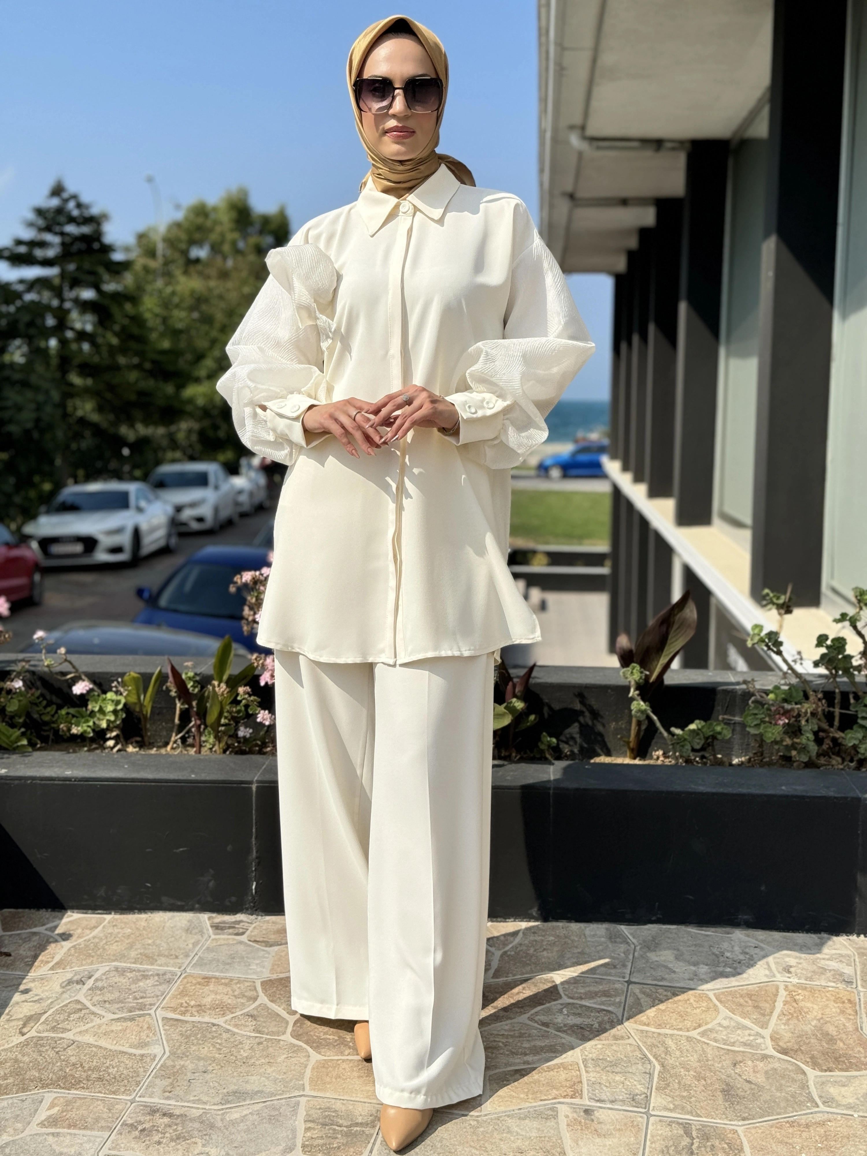 Qupra Kolları Organze Detaylı Şık Gömlek Pantolon Takım QAY62099