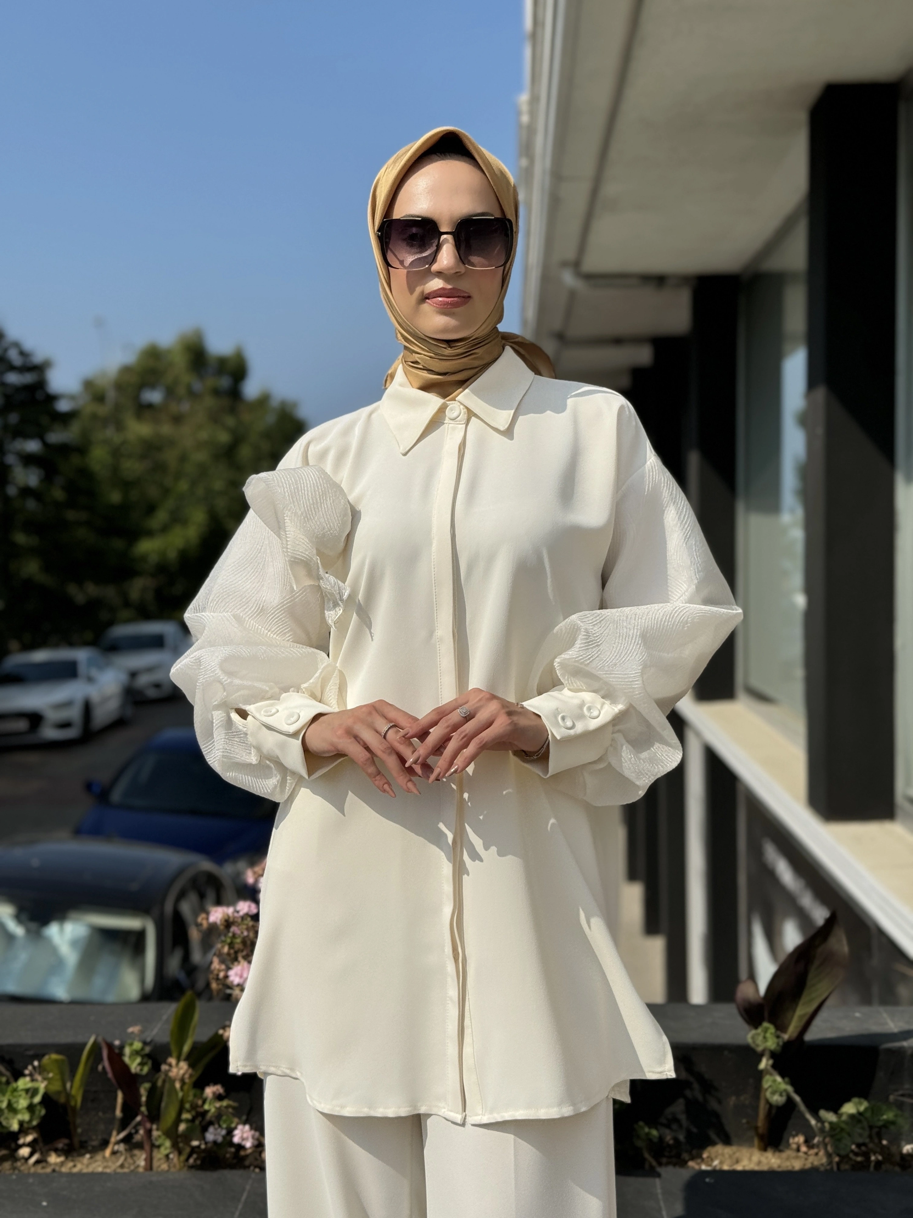 Qupra Kolları Organze Detaylı Şık Gömlek Pantolon Takım QAY62099