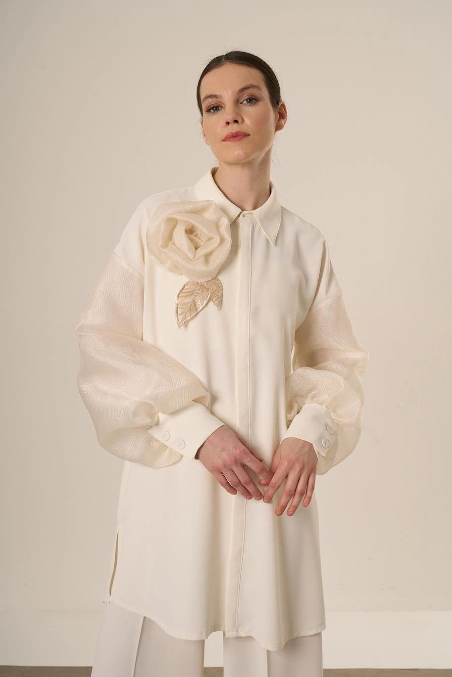 Qupra Kolları Organze Detaylı Şık Gömlek Pantolon Takım QAY62099