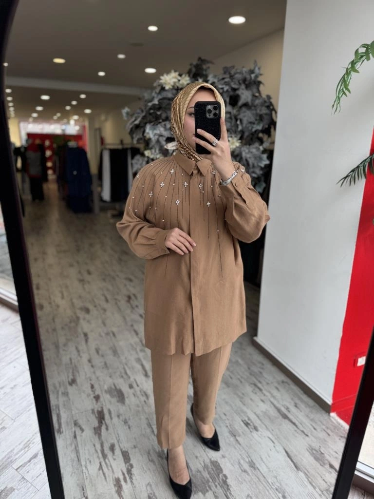 Qupra Taş Detaylı Gömlek Pantolon Takım WAB82029