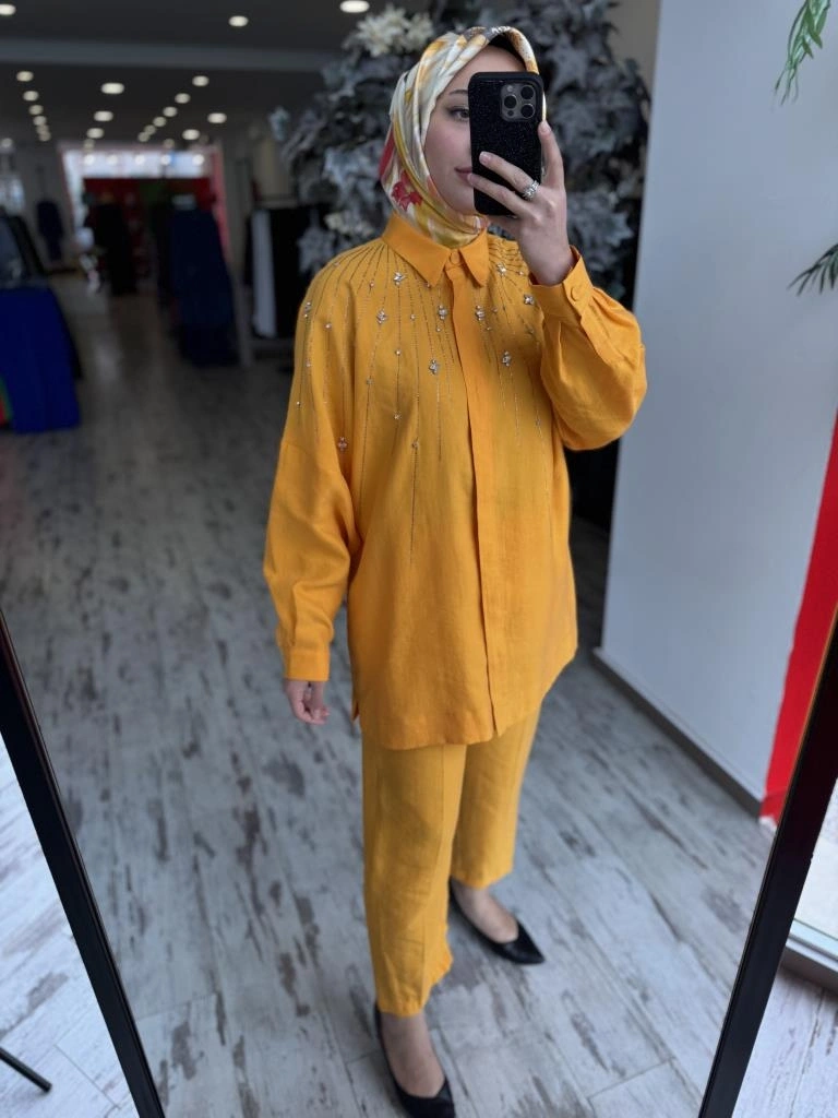 Qupra Taş Detaylı Gömlek Pantolon Takım WAB82029