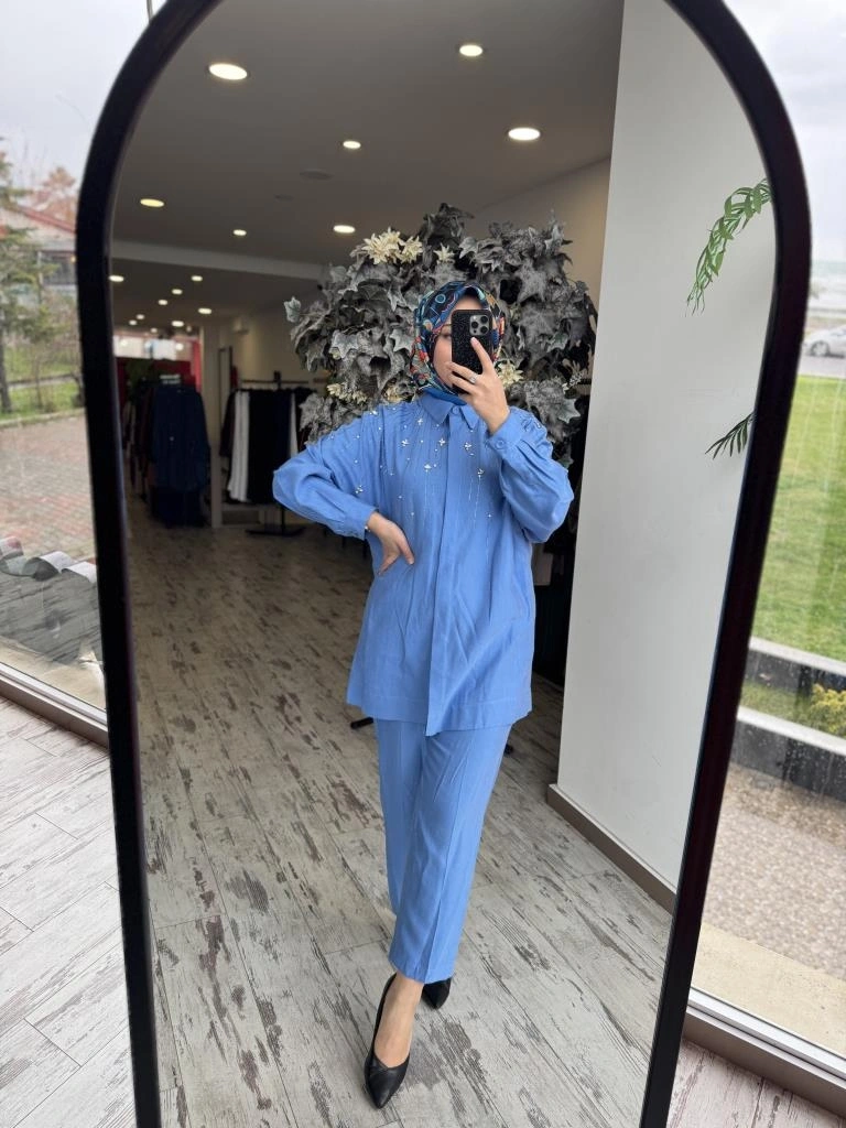 Qupra Taş Detaylı Gömlek Pantolon Takım WAB82029