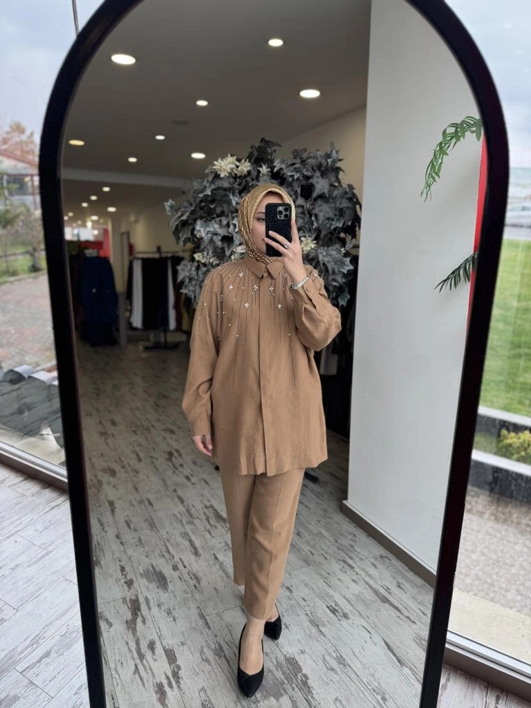 Qupra Taş Detaylı Gömlek Pantolon Takım WAB82029