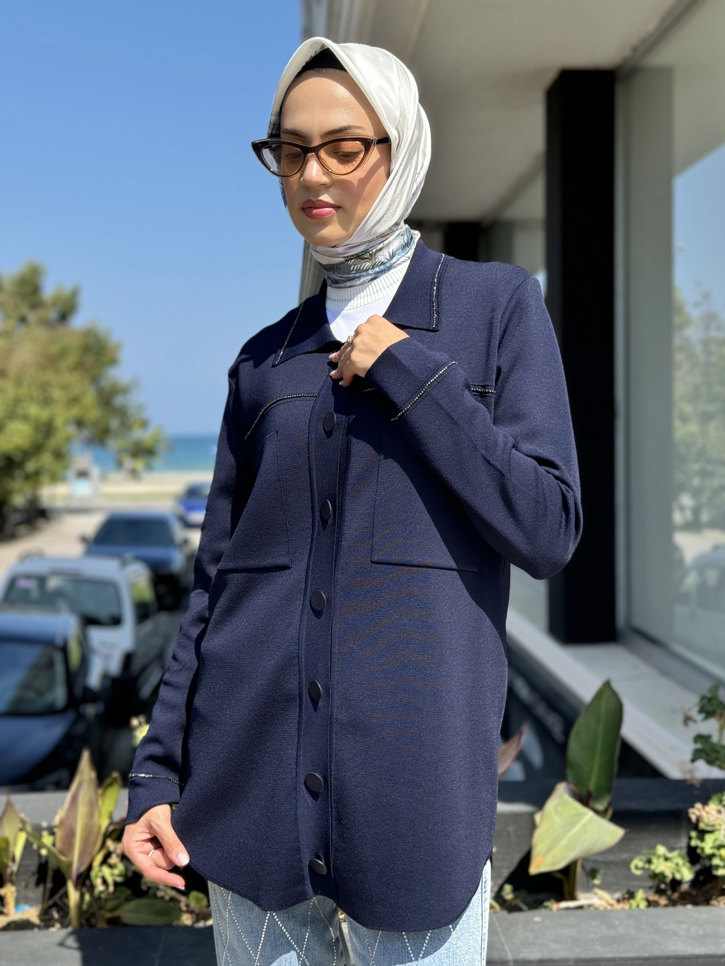 Tığ Triko Cep Detaylı Polo Yakalı Rayon Triko Hırka HRK21562