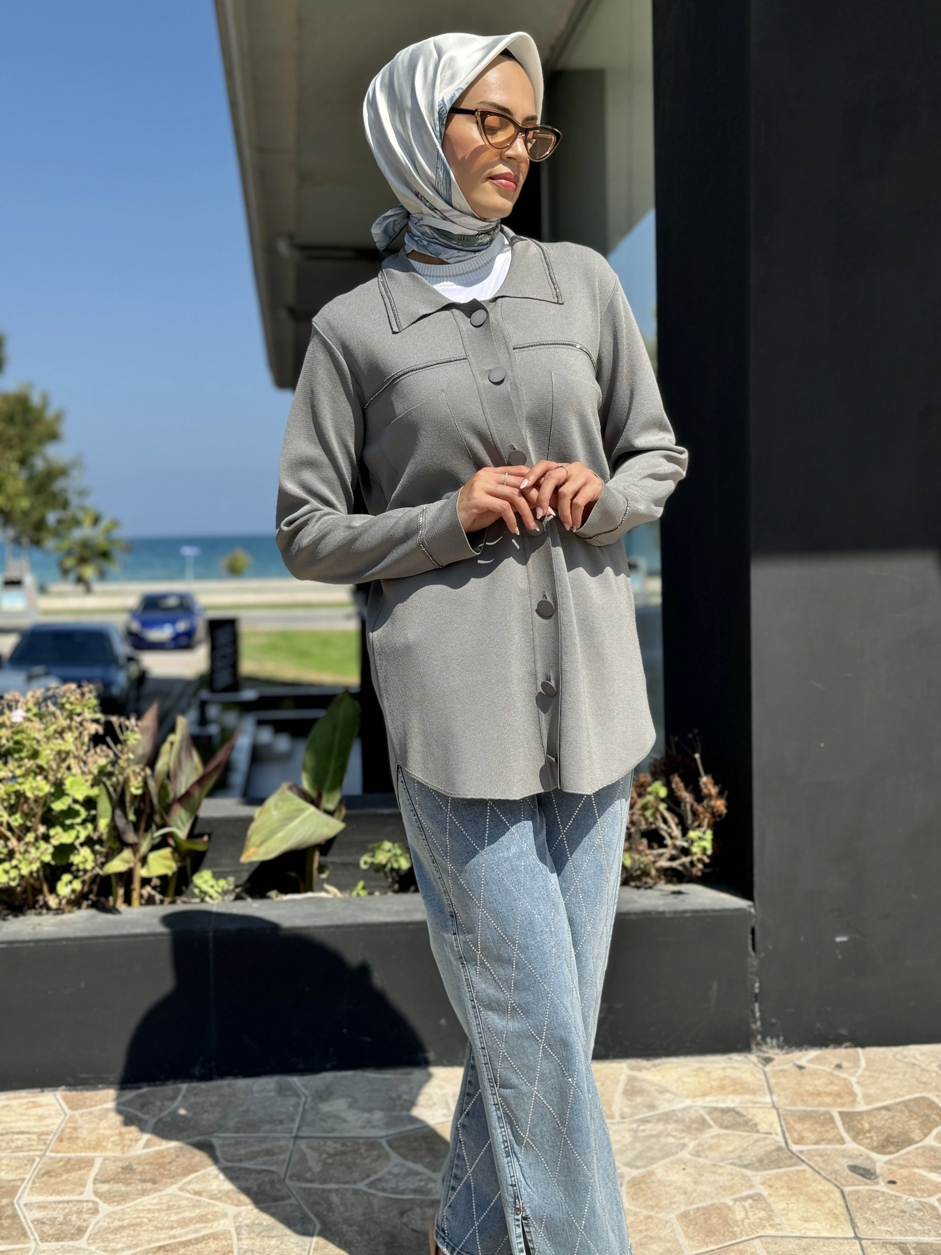 Tığ Triko Cep Detaylı Polo Yakalı Rayon Triko Hırka HRK21562