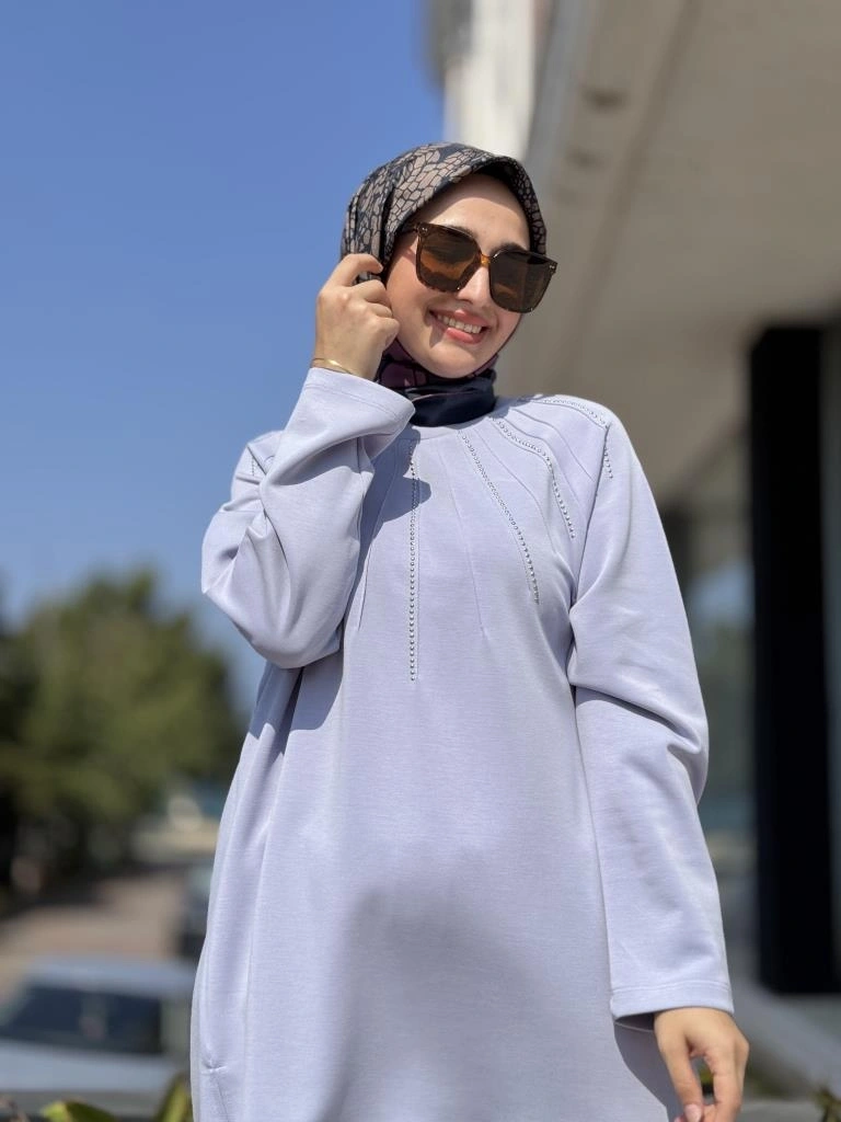 Tığ Triko Metal Süslemeli Nervürlü Tunik Pantolon Takım TKM3043