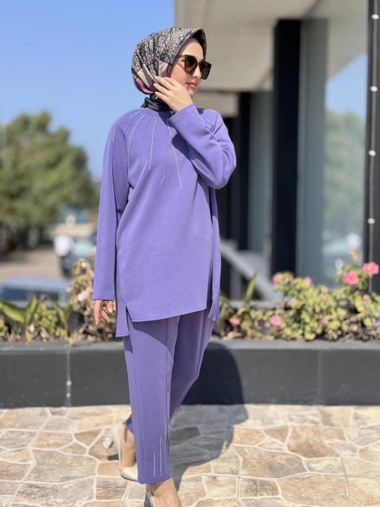 Tığ Triko Metal Süslemeli Nervürlü Tunik Pantolon Takım TKM3043