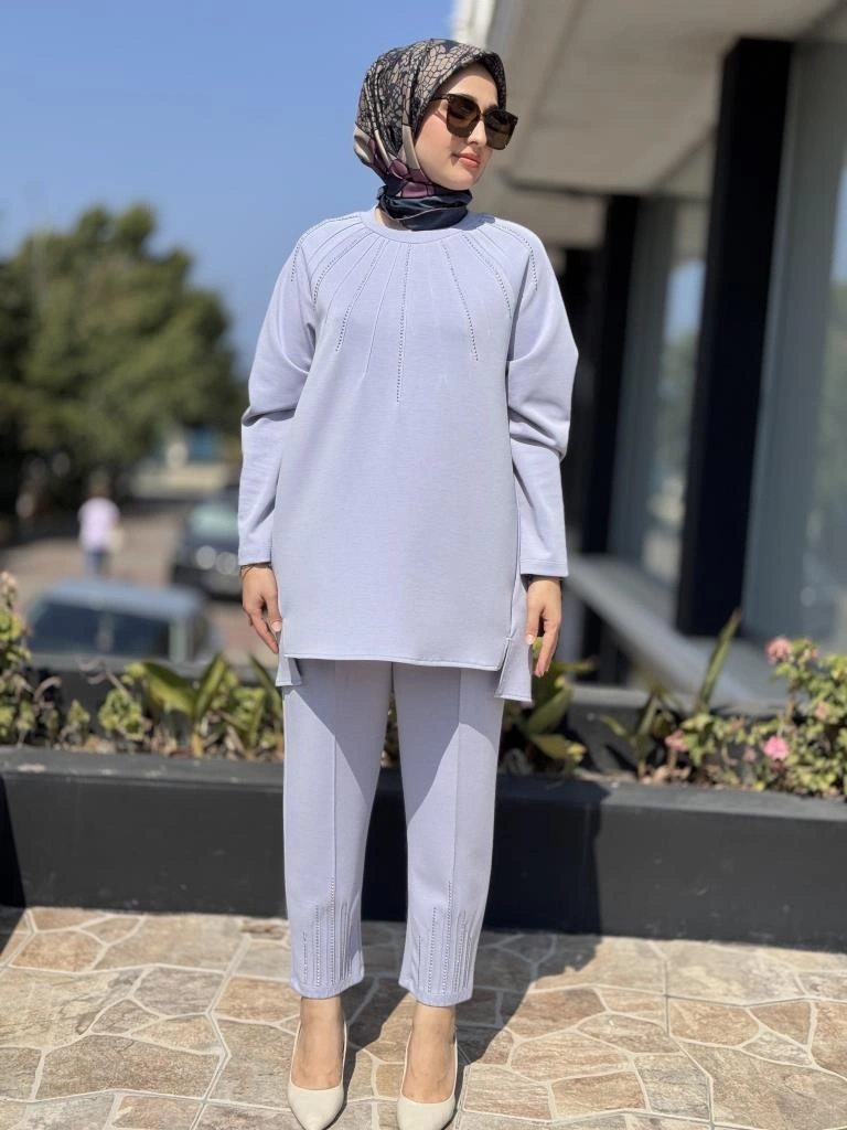 Tığ Triko Metal Süslemeli Nervürlü Tunik Pantolon Takım TKM3043