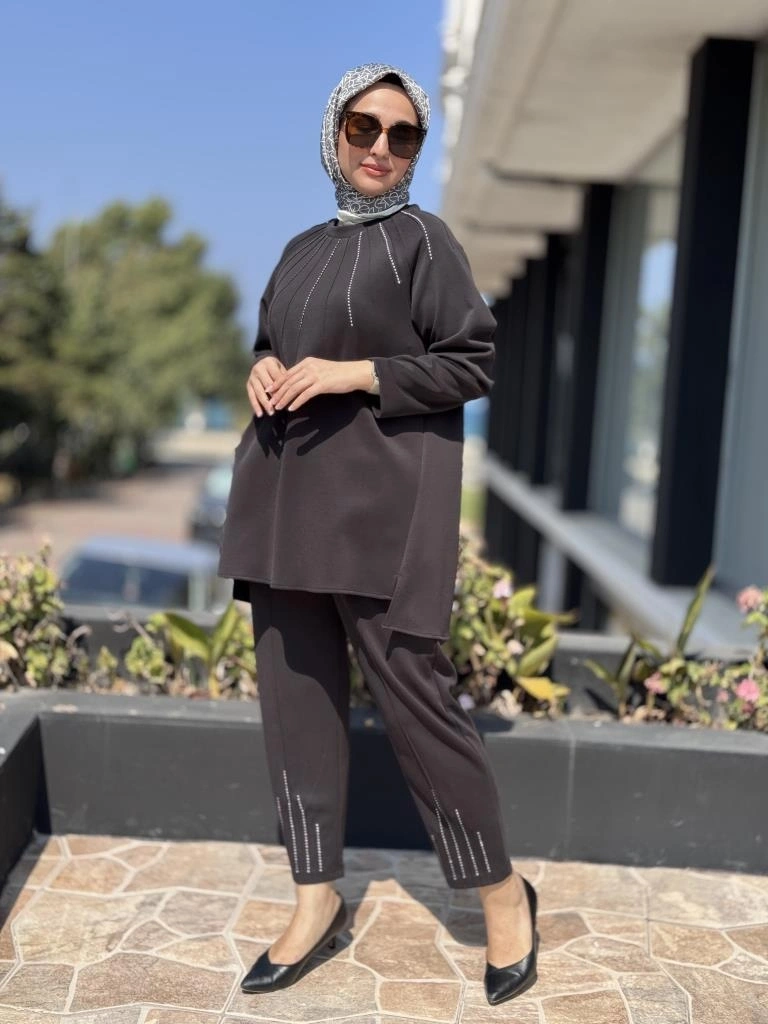 Tığ Triko Metal Süslemeli Nervürlü Tunik Pantolon Takım TKM3043