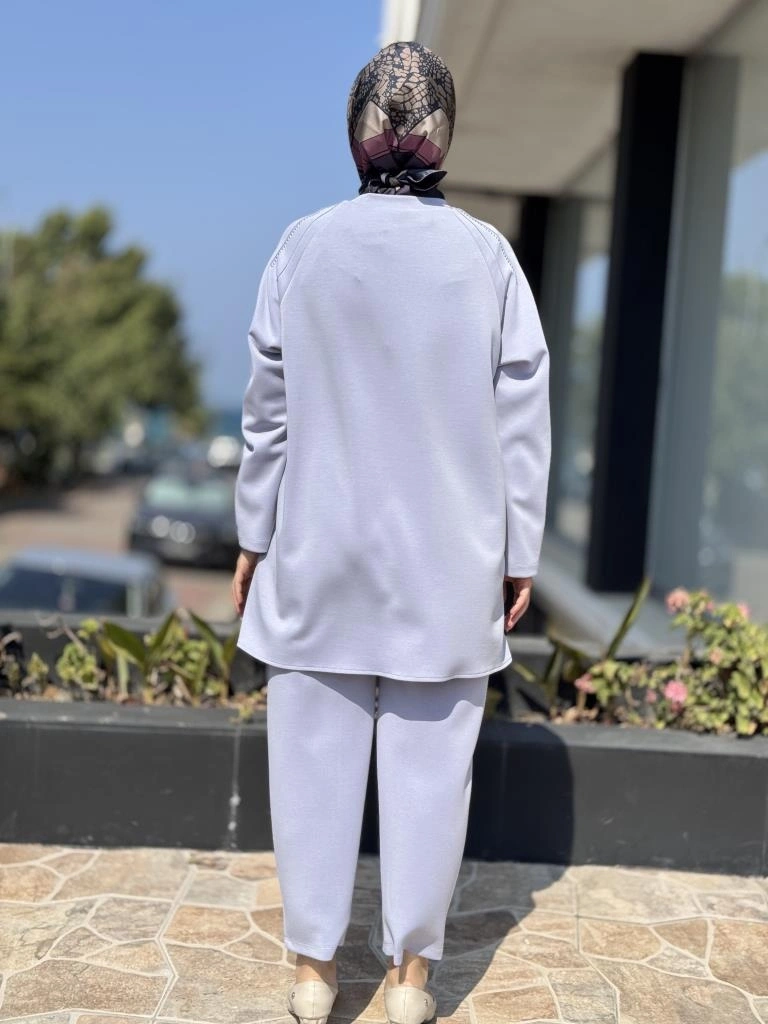 Tığ Triko Metal Süslemeli Nervürlü Tunik Pantolon Takım TKM3043