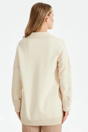 Tığ Triko Polo Yakalı Kabartma Örgülü Triko Tunik TNK21544