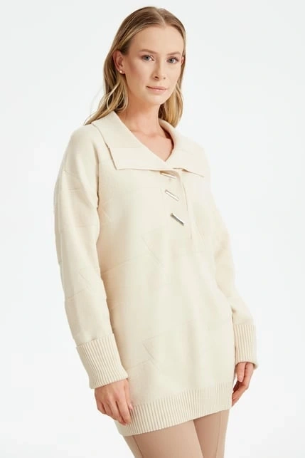 Tığ Triko Polo Yakalı Kabartma Örgülü Triko Tunik TNK21544