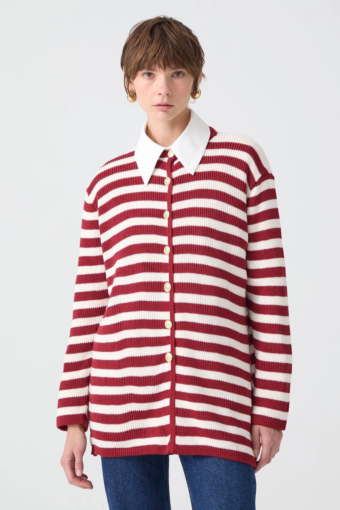 Touche Gold Düğmeli Çizgili Uzun Hırka 23F1XD166