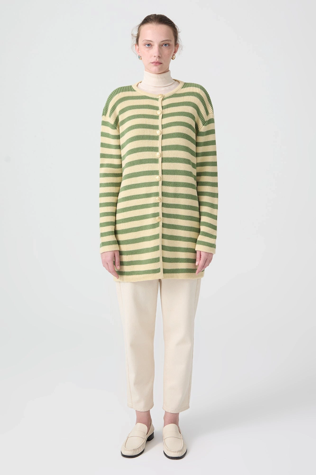 Touche Gold Düğmeli Çizgili Uzun Hırka 23F1XD166