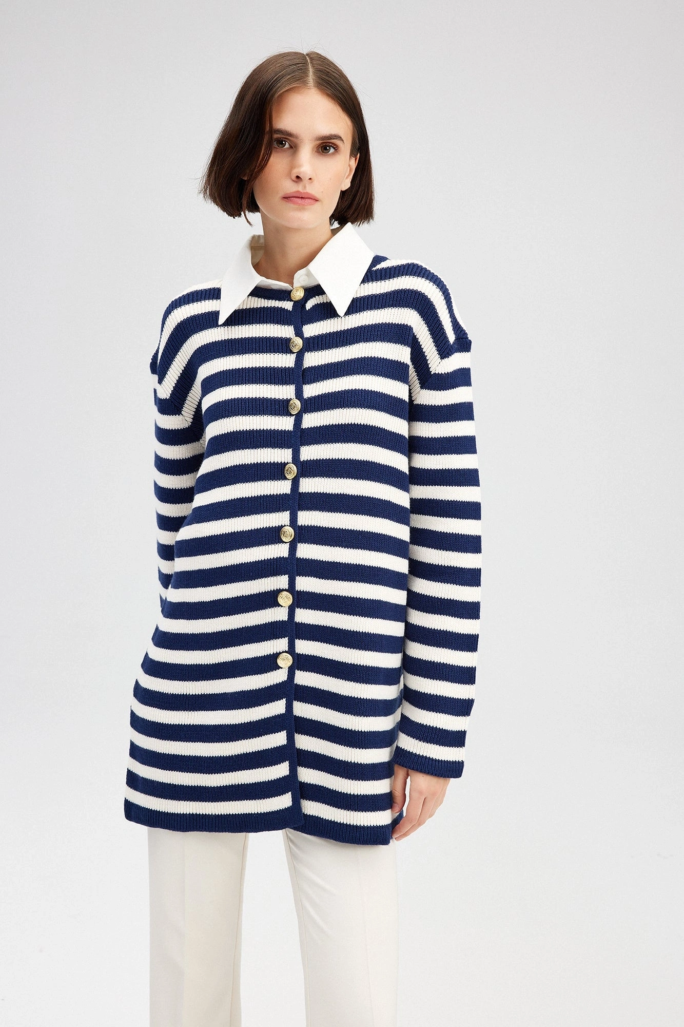 Touche Gold Düğmeli Çizgili Uzun Hırka 23F1XD166