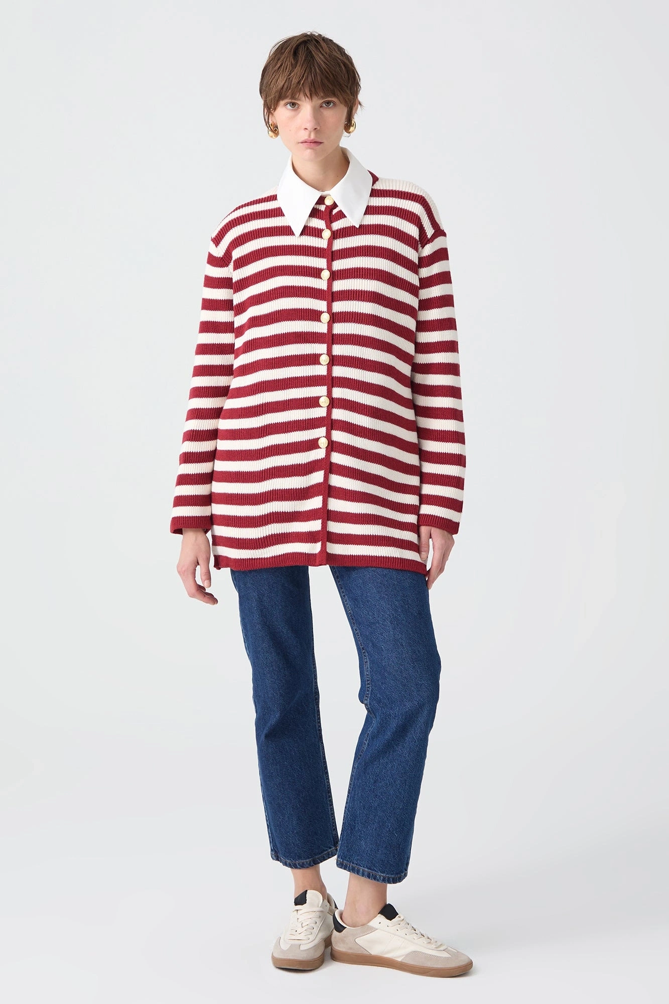 Touche Gold Düğmeli Çizgili Uzun Hırka 23F1XD166