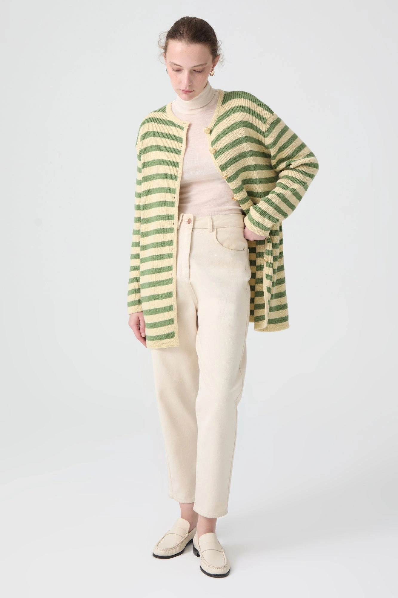 Touche Gold Düğmeli Çizgili Uzun Hırka 23F1XD166