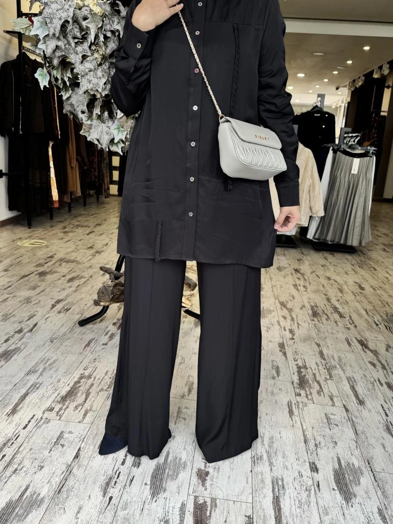 Vuu Pamuk Saten Siyah Gömlek-Pantolon Takım 24FW9V043