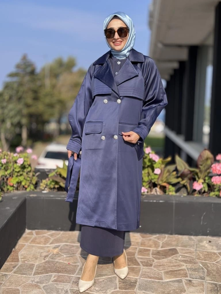 Vuu Süs Dikişli Lacivert Trenchkot