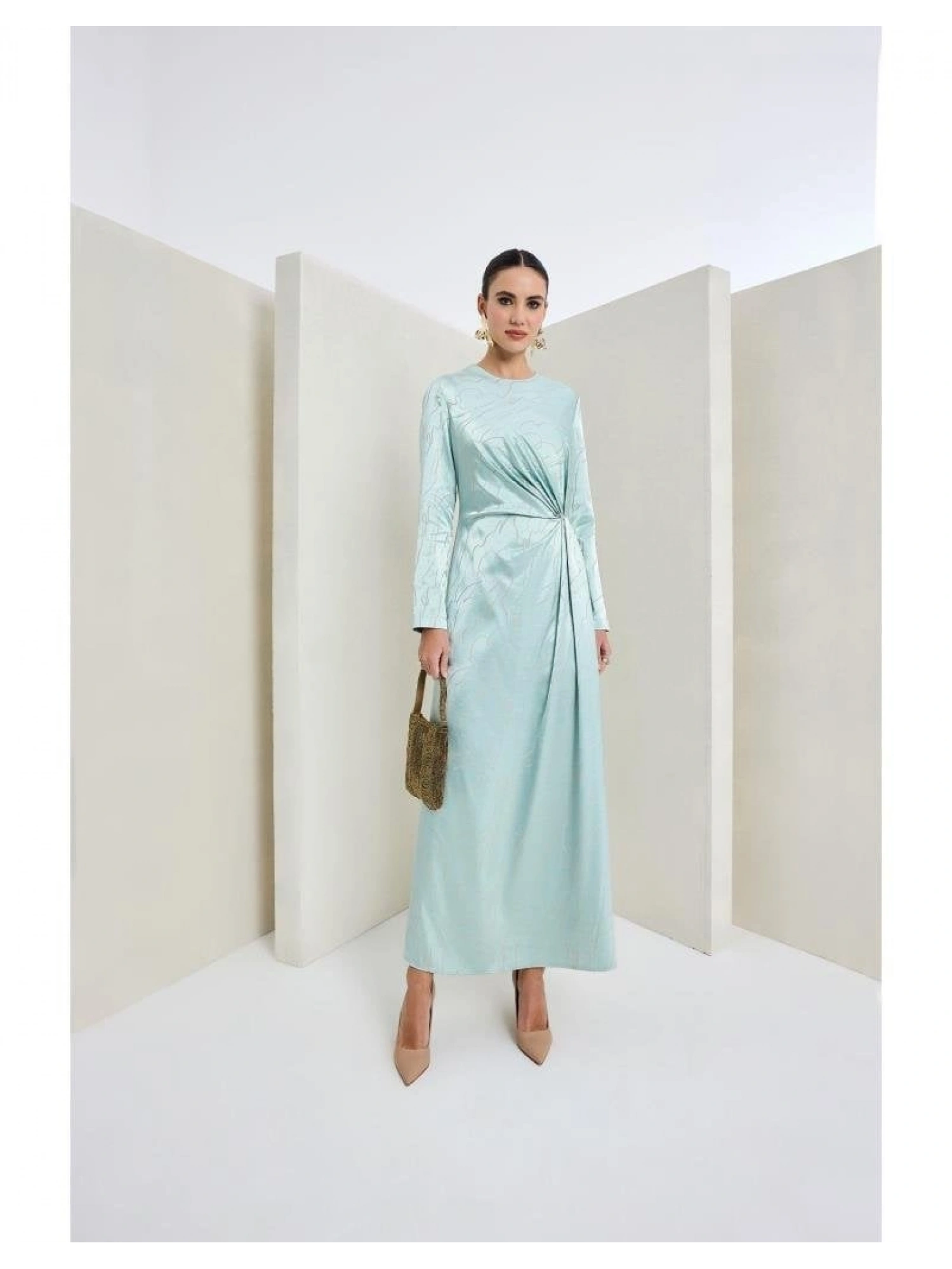 Almarwah Belden Büzgülü Saten Elbise 90474