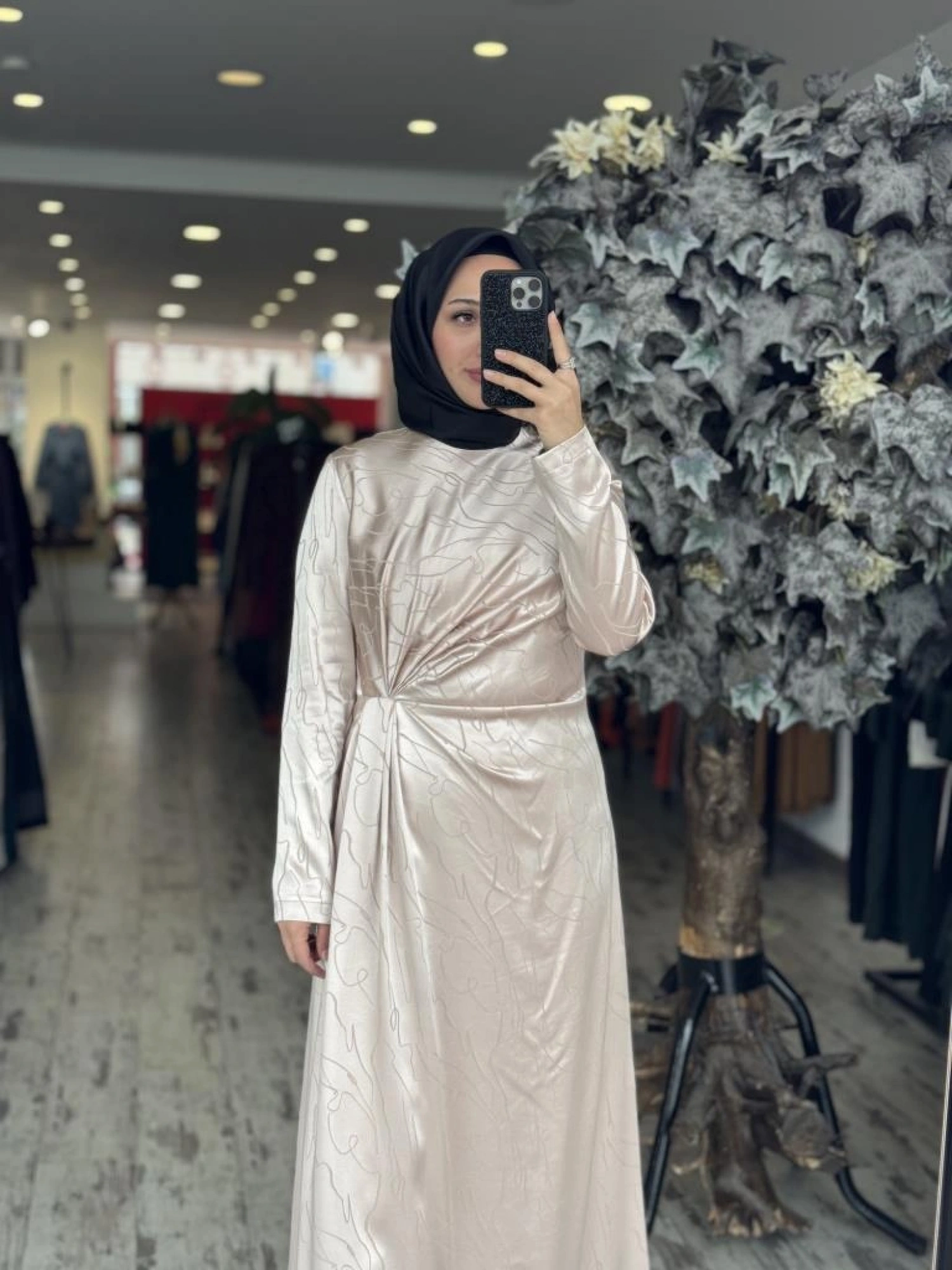 Almarwah Belden Büzgülü Saten Elbise 90474