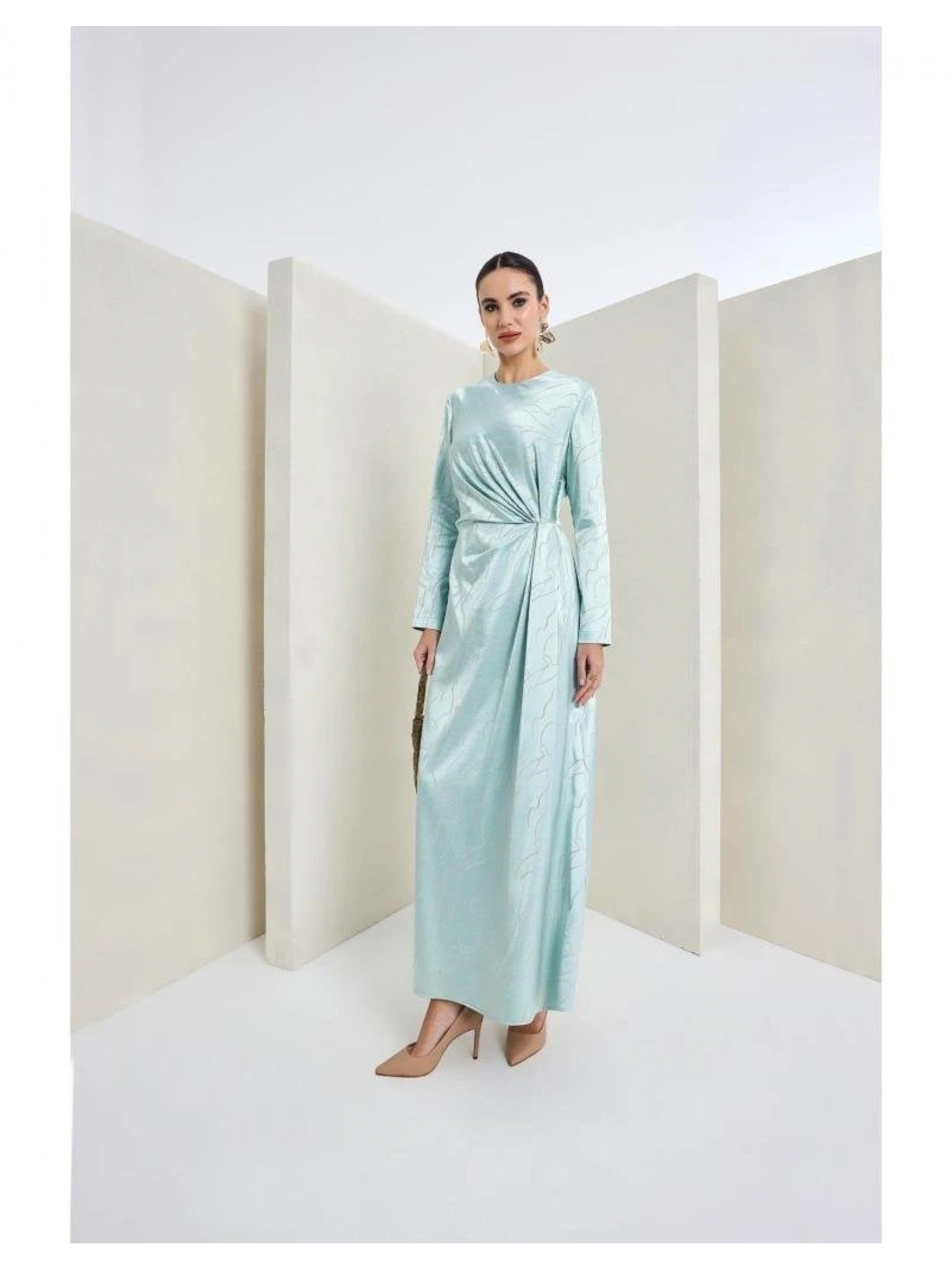 Almarwah Belden Büzgülü Saten Elbise 90474