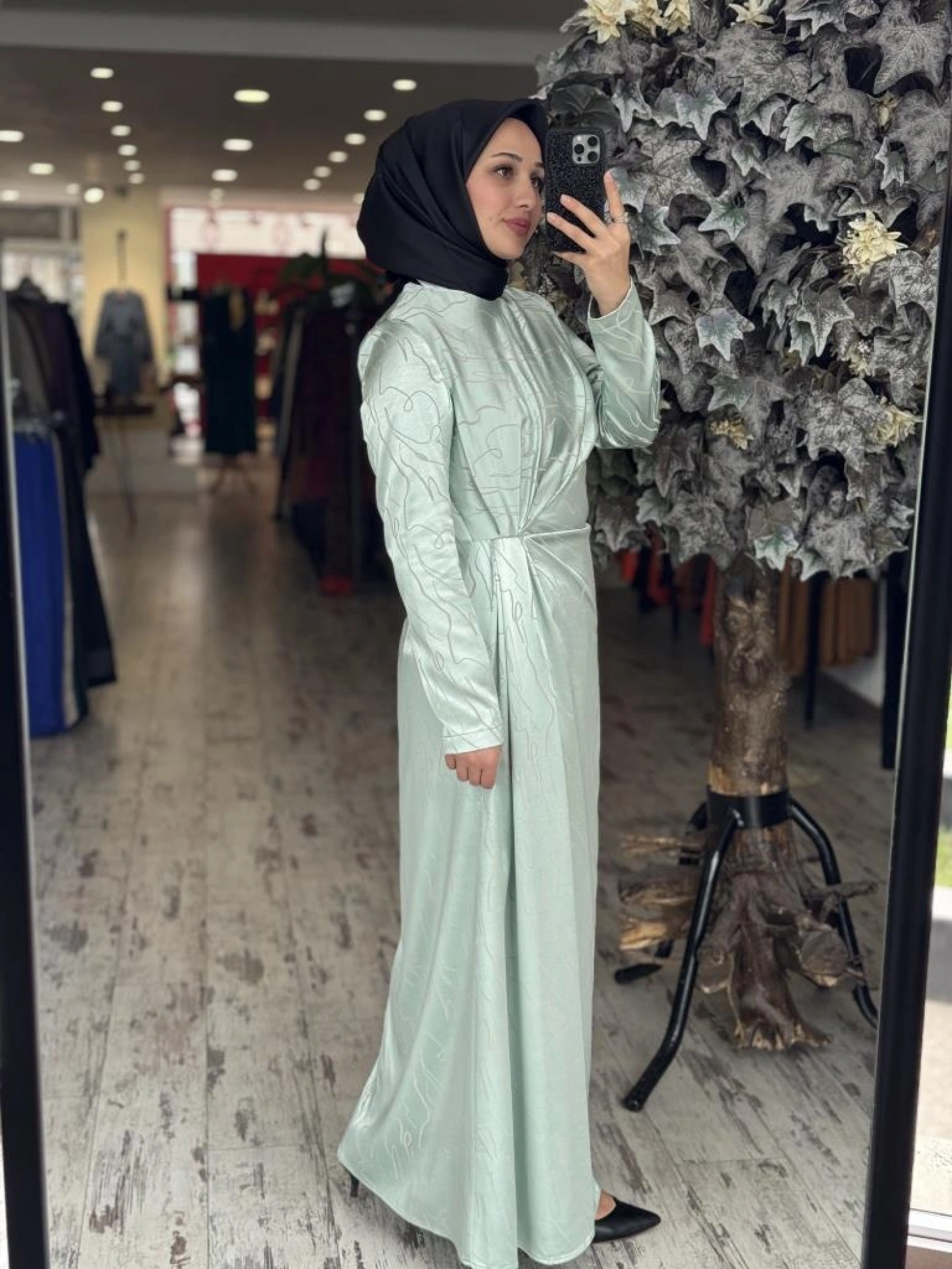 Almarwah Belden Büzgülü Saten Elbise 90474