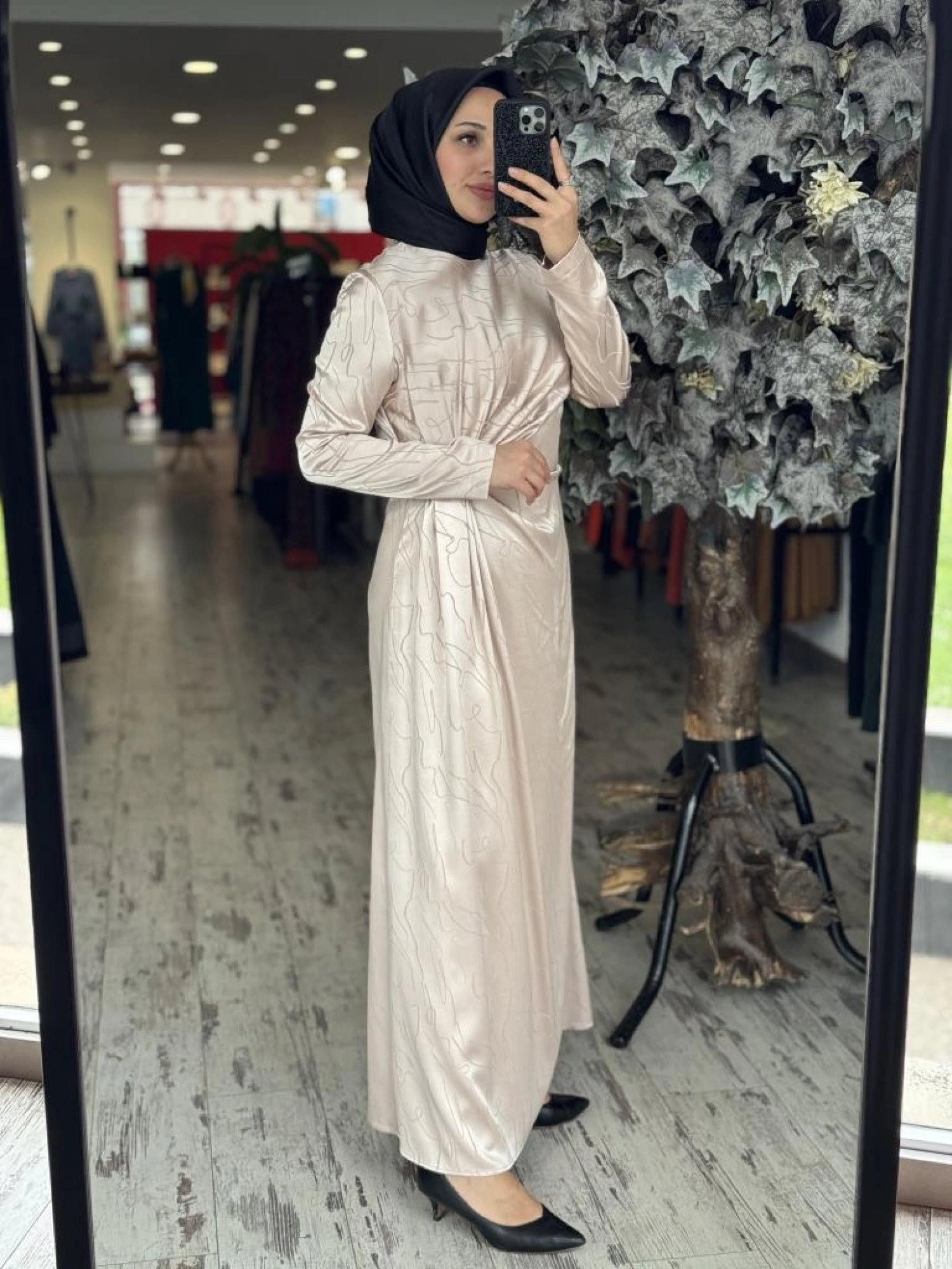 Almarwah Belden Büzgülü Saten Elbise 90474