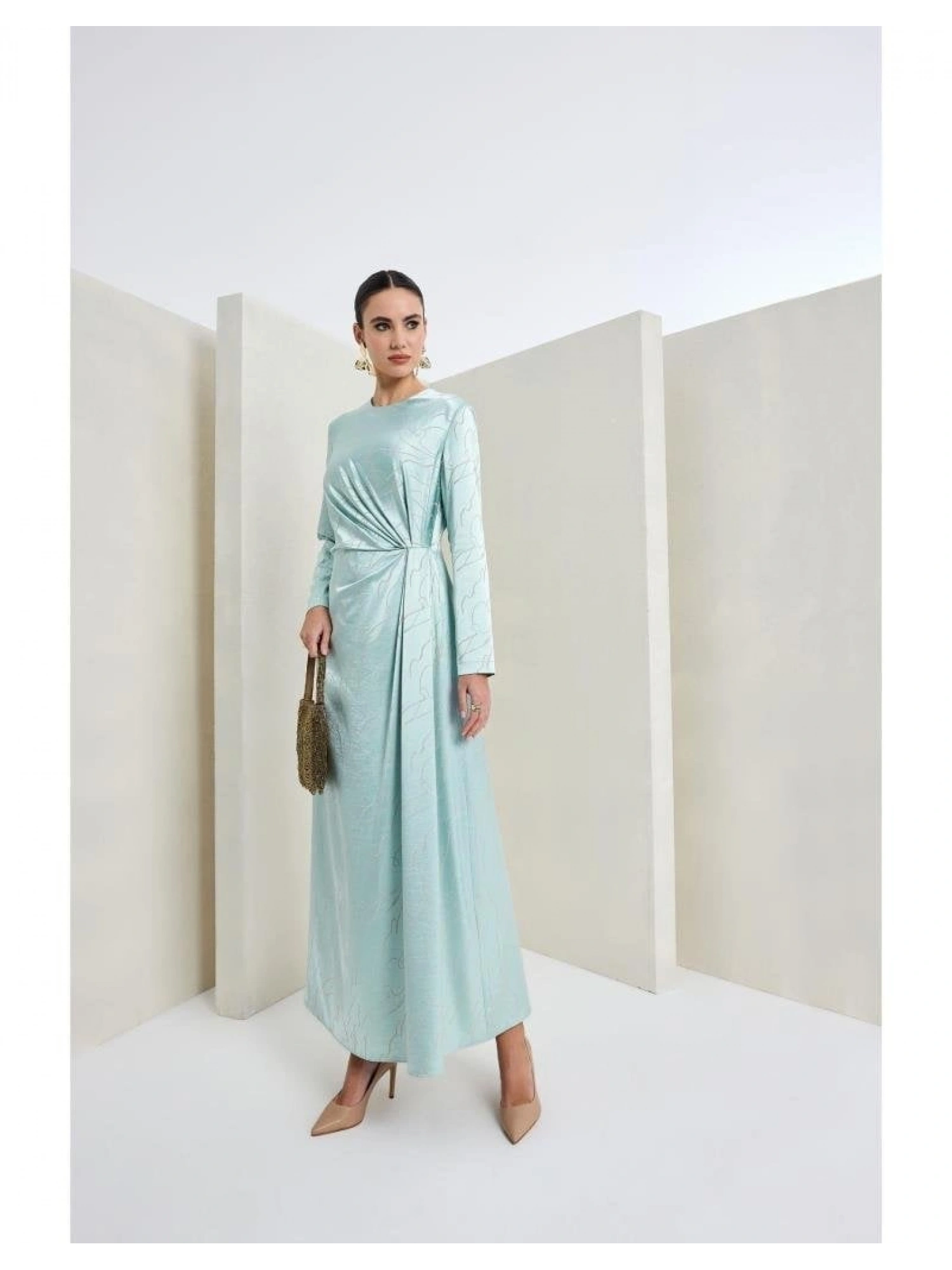 Almarwah Belden Büzgülü Saten Elbise 90474