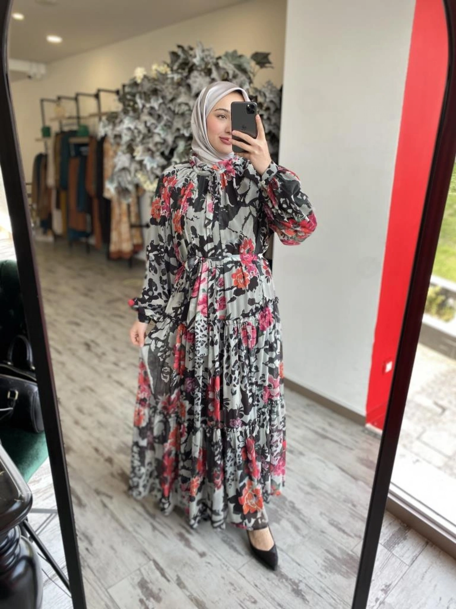 Almarwah Yakası Büzgülü Astarlı Şifon Elbise 303816