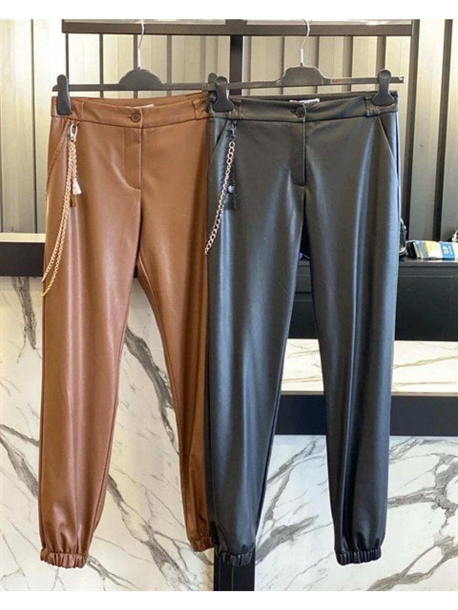 Almarwah Zincir Detay Deri Pantolon BLK606001