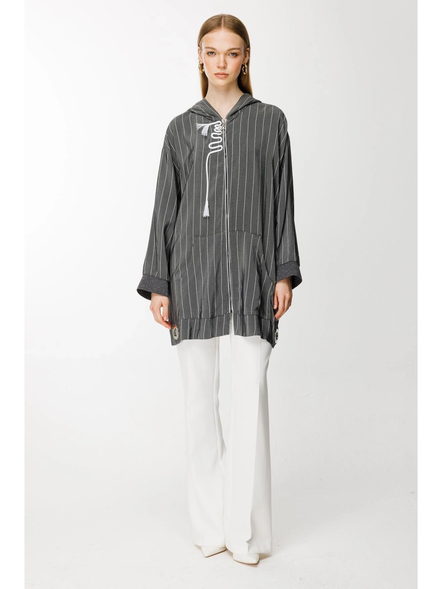 Ghisa Kapüşonlu Fermuarlı Çizgili Ceket 3868