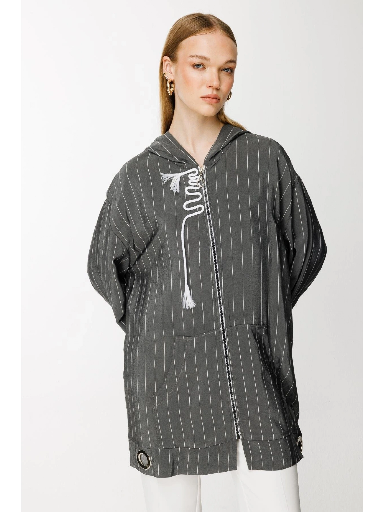 Ghisa Kapüşonlu Fermuarlı Çizgili Ceket 3868