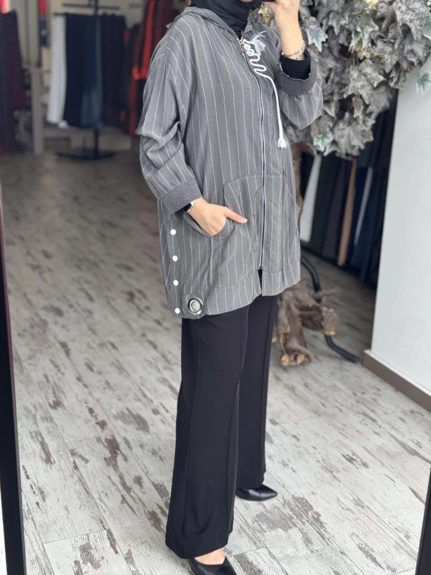 Ghisa Kapüşonlu Fermuarlı Çizgili Ceket 3868