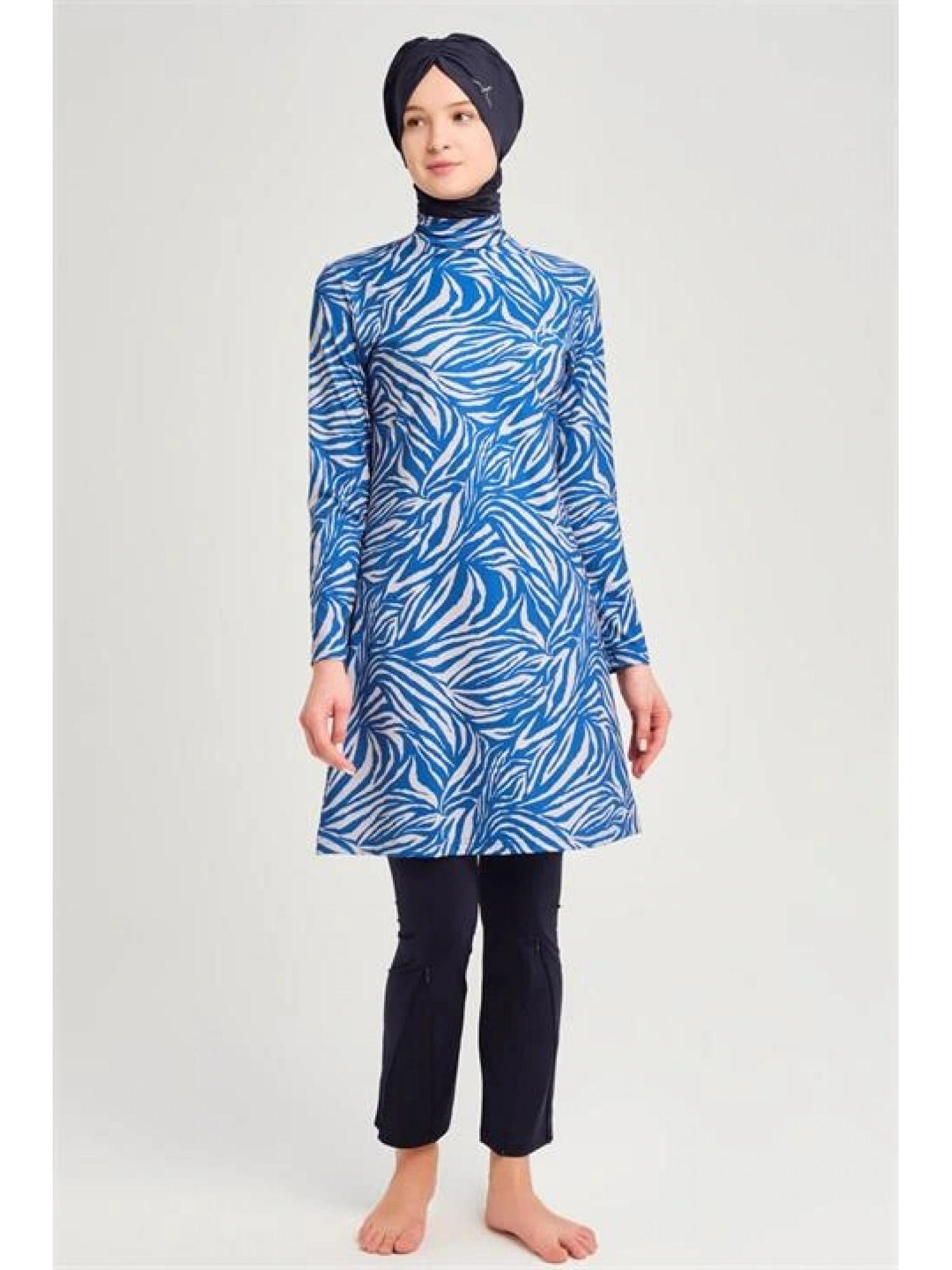 Haşema Belgin Çizgi Desenli Likralı Saks Tam Tesettür Mayo Üstü HSM3060