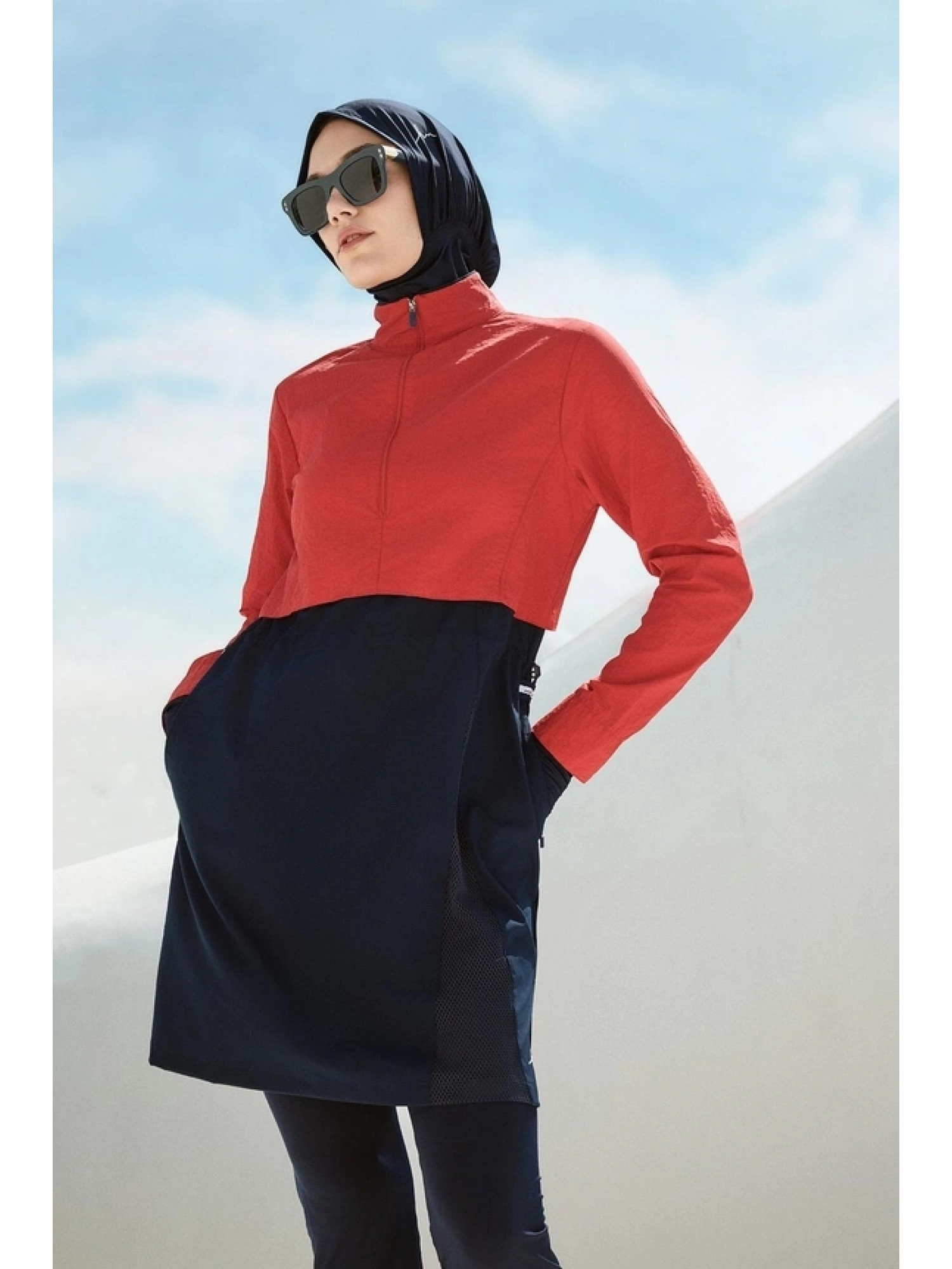 Haşema Crinkle Kumaş Kırmızı-Lacivert 5 Parça Tesettür Mayo Takımı HSM5021