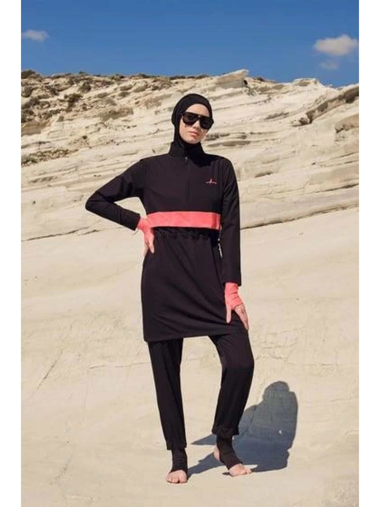 Haşema Esila Monogram Turuncu Şerit Tam Tesettür Tek Mayo Üstü HSM2934