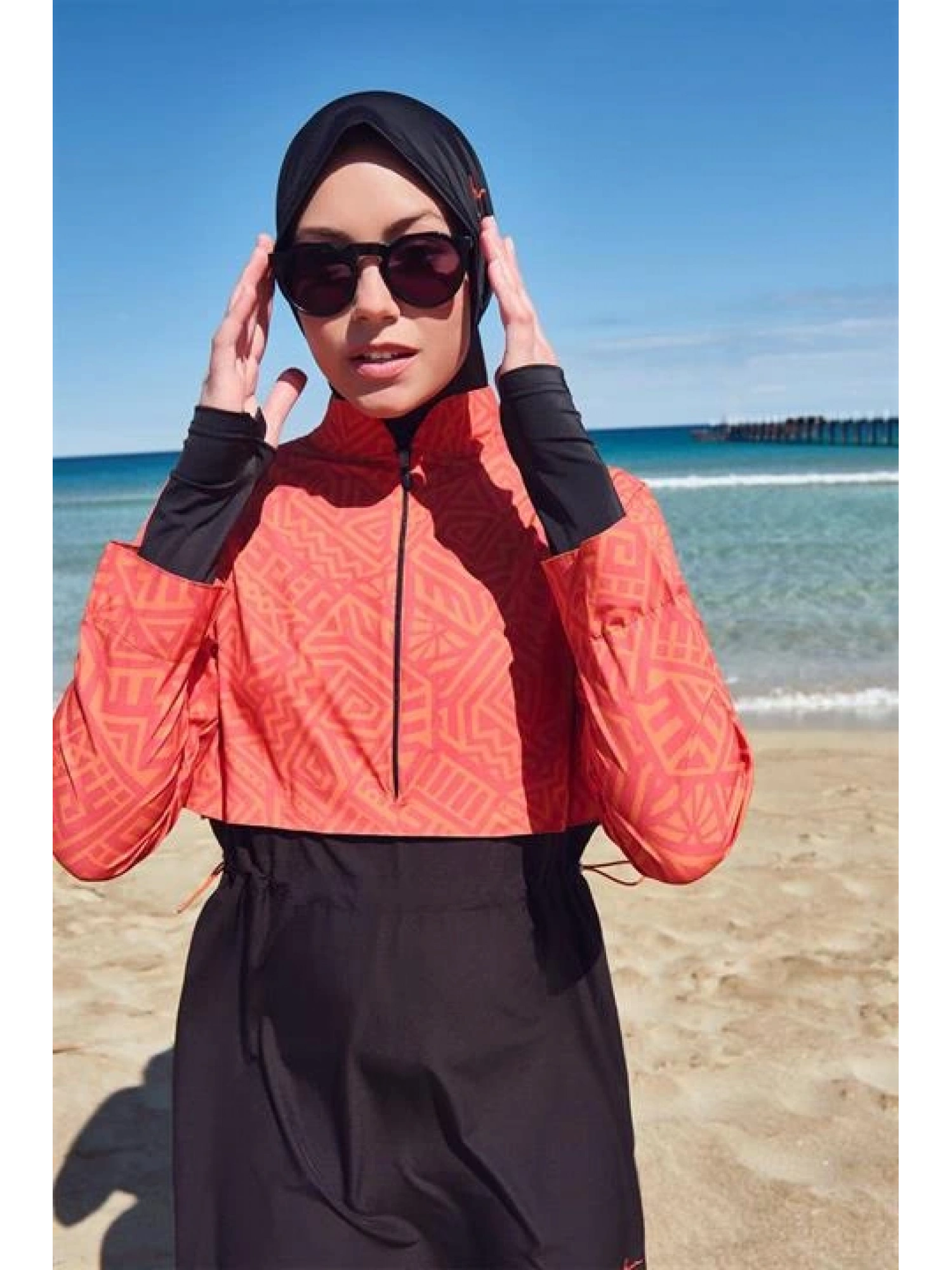 Haşema Esila Serisi 5 Parça Jileli Turuncu-Siyah Tam Tesettür Mayo Takımı HSM2934