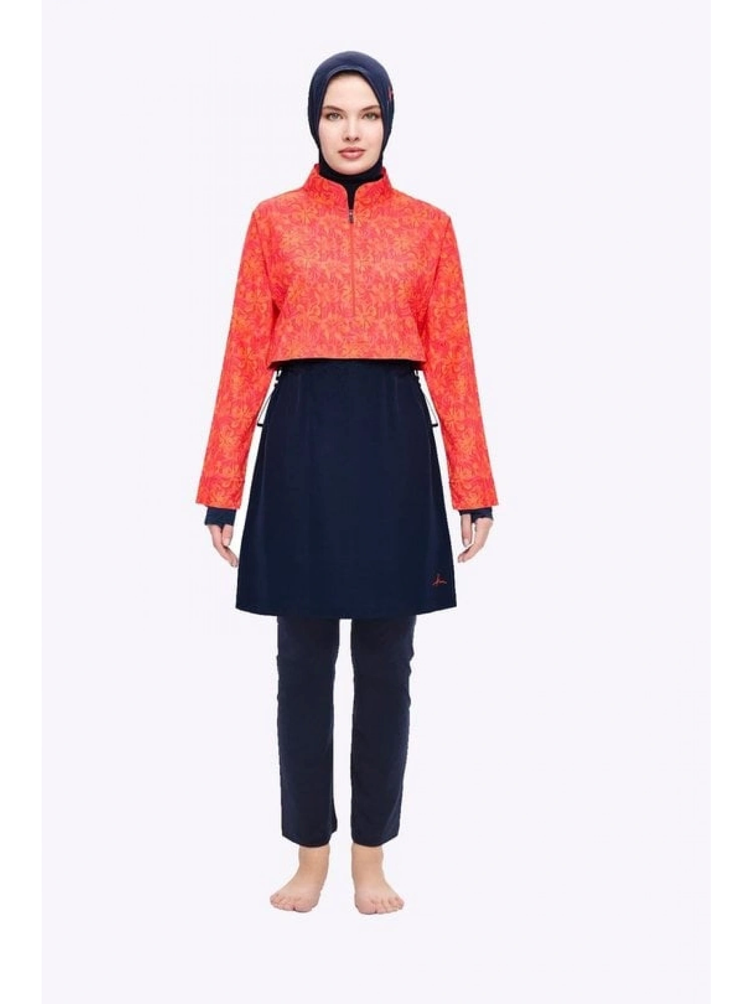 Haşema Esila Serisi 5 Parça Turuncu-Lacivert Çiçek Desenli Tam Tesettür Mayo Takımı HSM2934