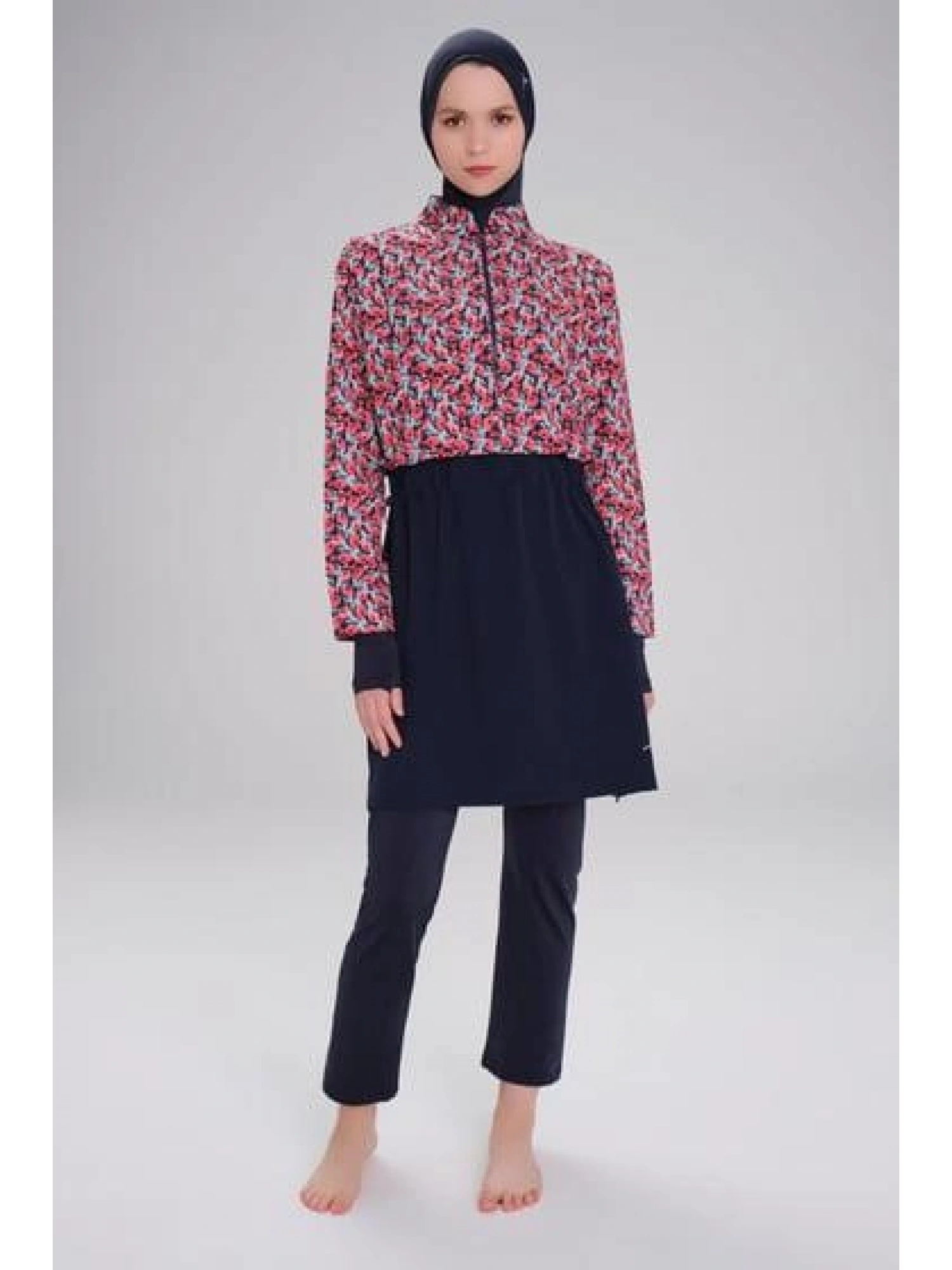 Haşema Esila Serisi Çiçek Desenli Kırmızı-Laci Tam Tesettür Tek Mayo Üstü HSM2934