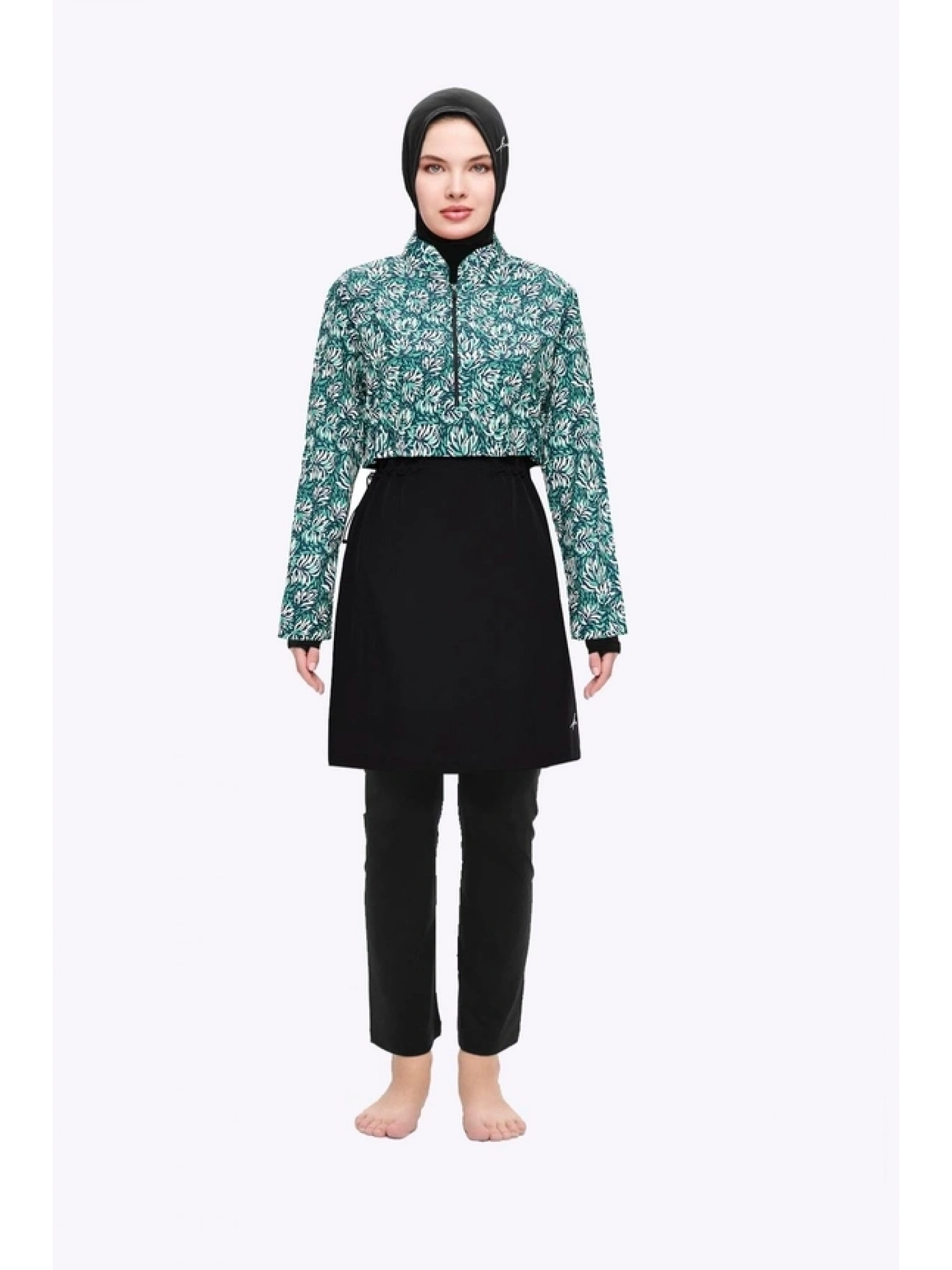Haşema Esila Yeşil Çiçek Desenli 5 Parça Tam Tesettür Mayo Takımı 2934
