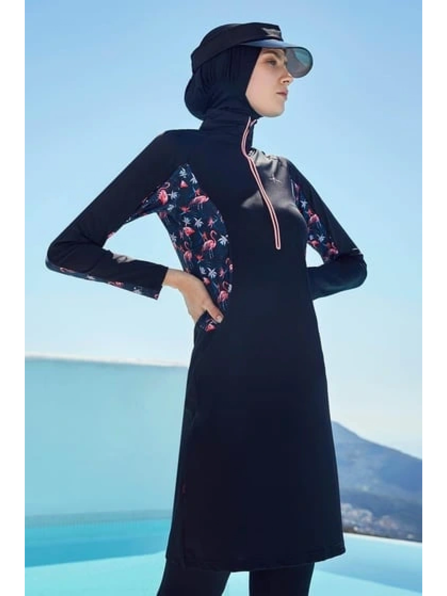 Haşema Flamingo Serisi Likralı 4 Parça Siyah-Pembe Tesettür Mayo HSM2920