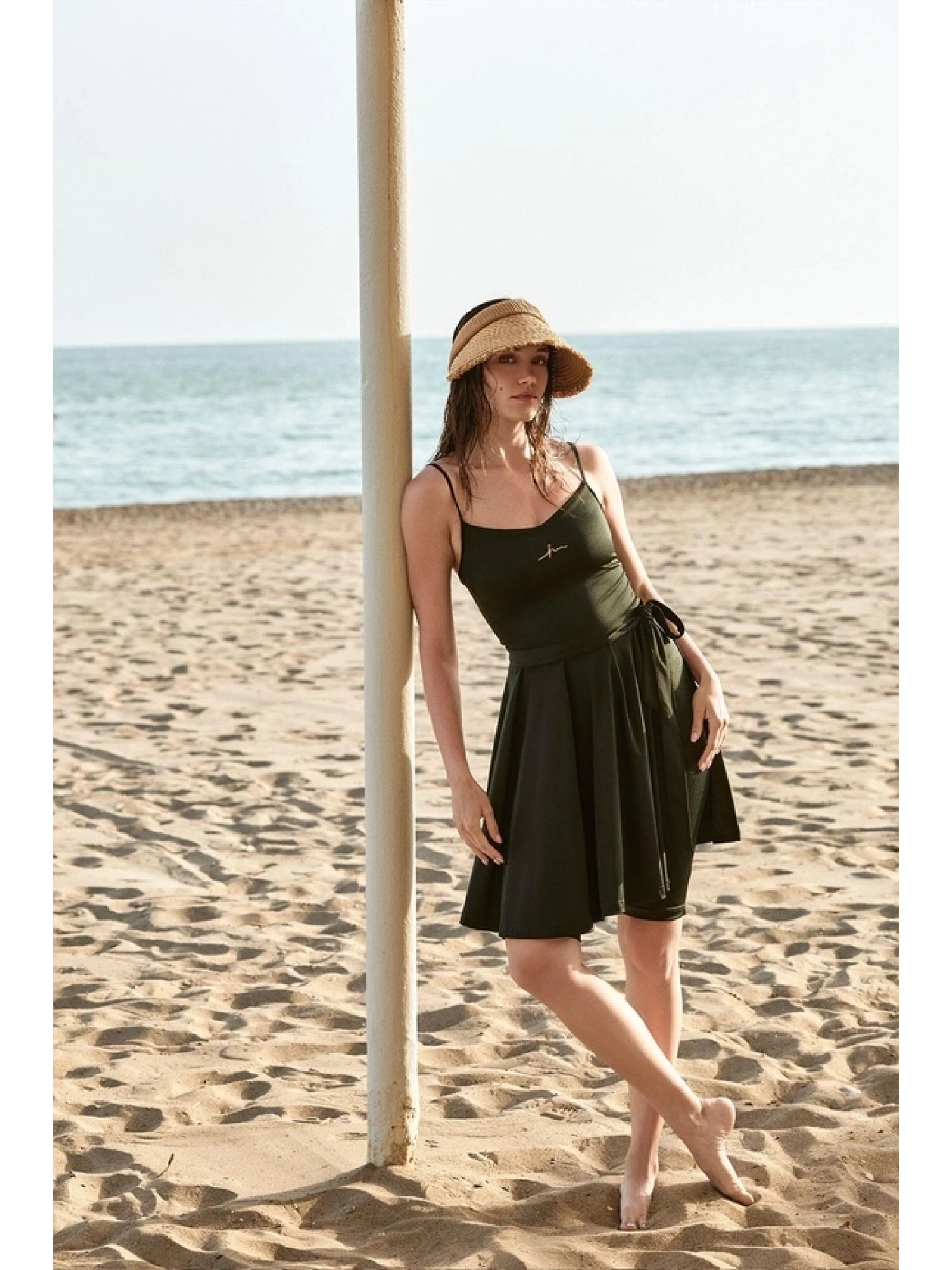 Haşema Parlak Kumaş Terra Yeşil 3 Parça Yarı Kapalı Mayo-Tulum Takımı HSM5053