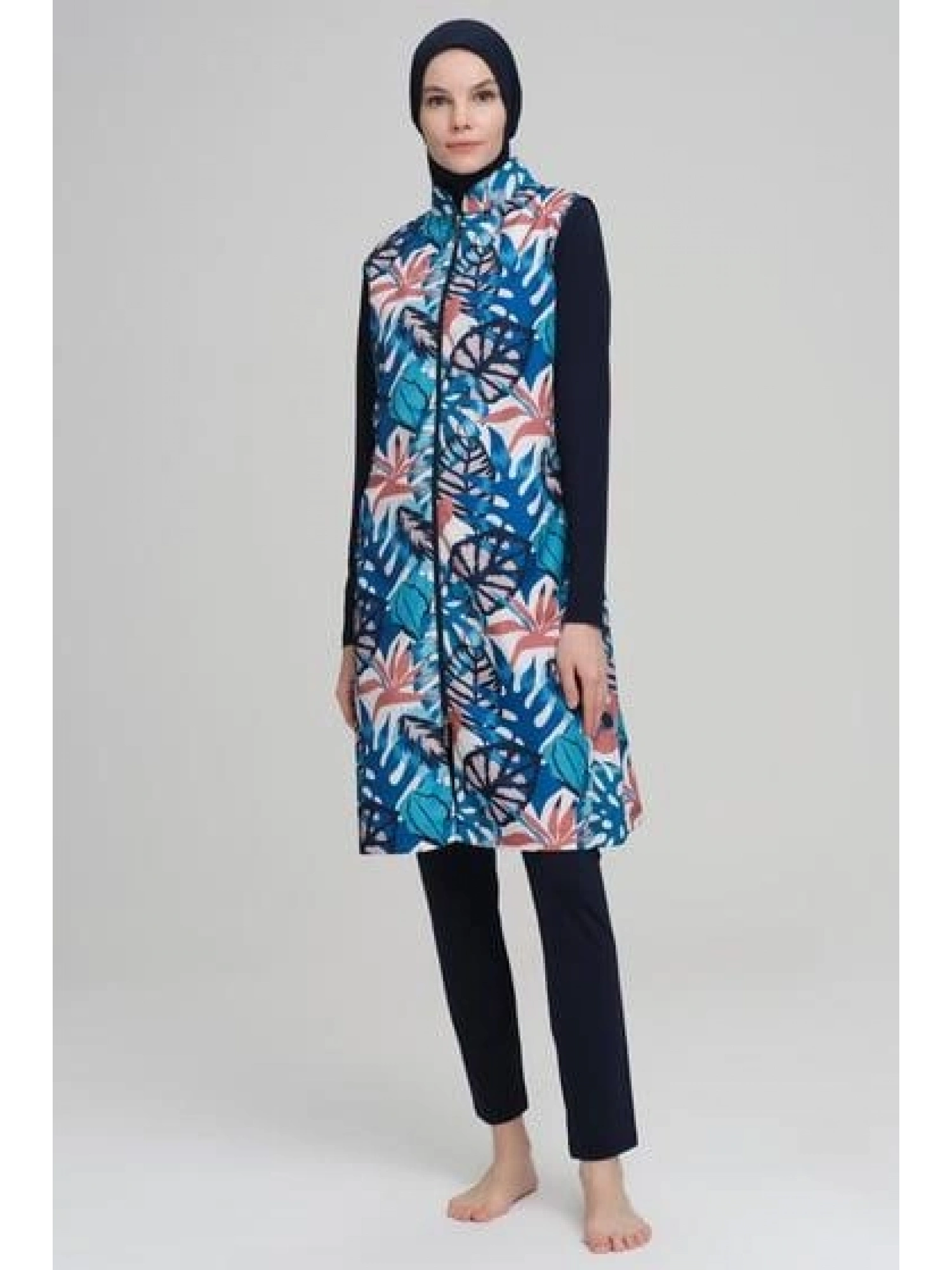 Haşema Renkli Yaprak Desenli Jileli 3 Parça Lacivert Tesettür Mayo Takımı NHR2218