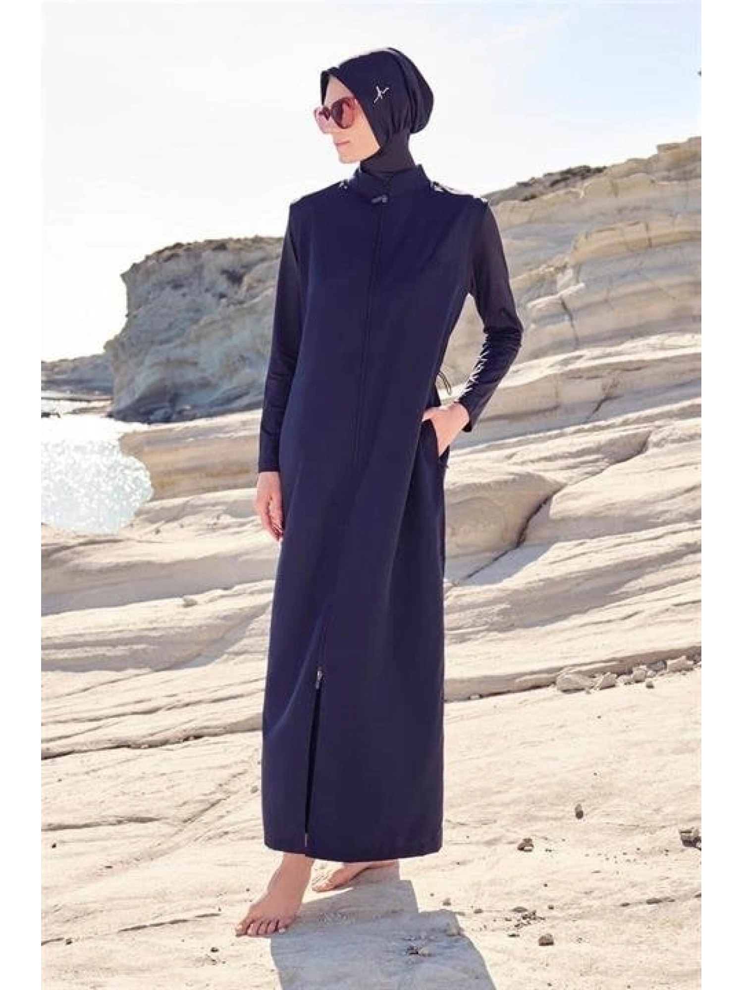 Haşema Tam Boy Jileli Siyah 4 Parça Tesettür Mayo Takımı HSM6021