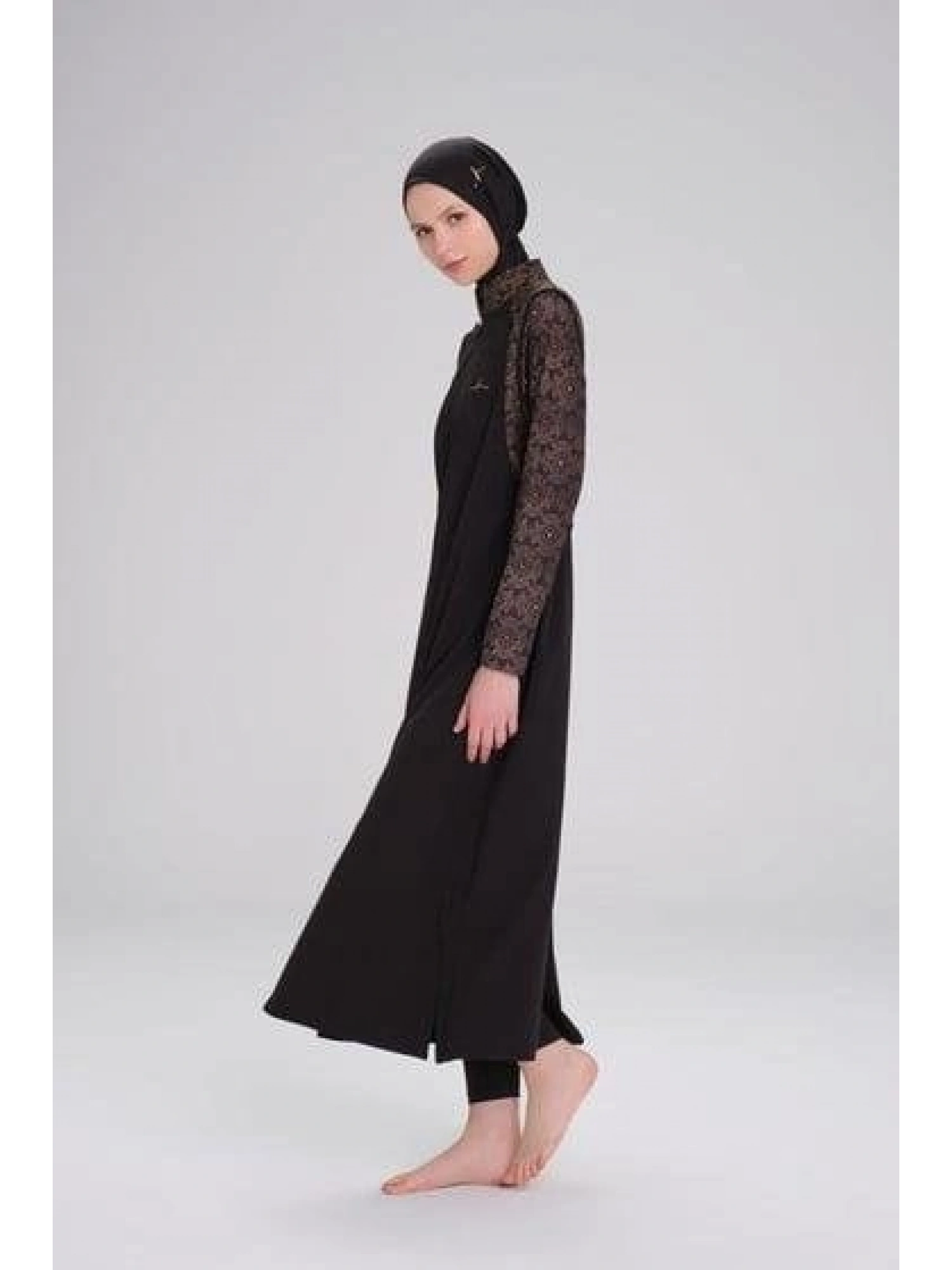Haşema Tam Boy Kolu Desenli Siyah 5 Parça Tesettür Mayo Takımı HSM4053