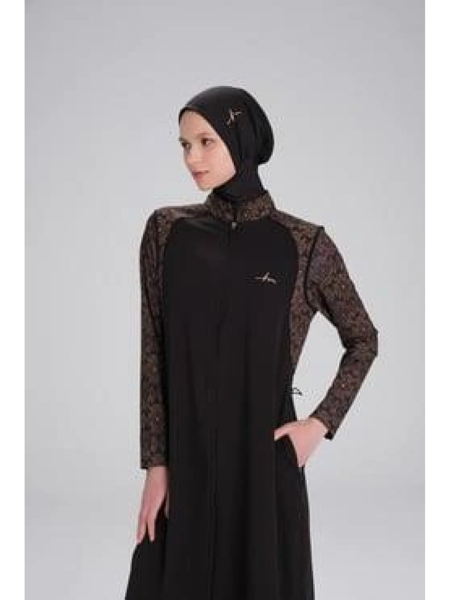 Haşema Tam Boy Kolu Desenli Siyah 5 Parça Tesettür Mayo Takımı HSM4053