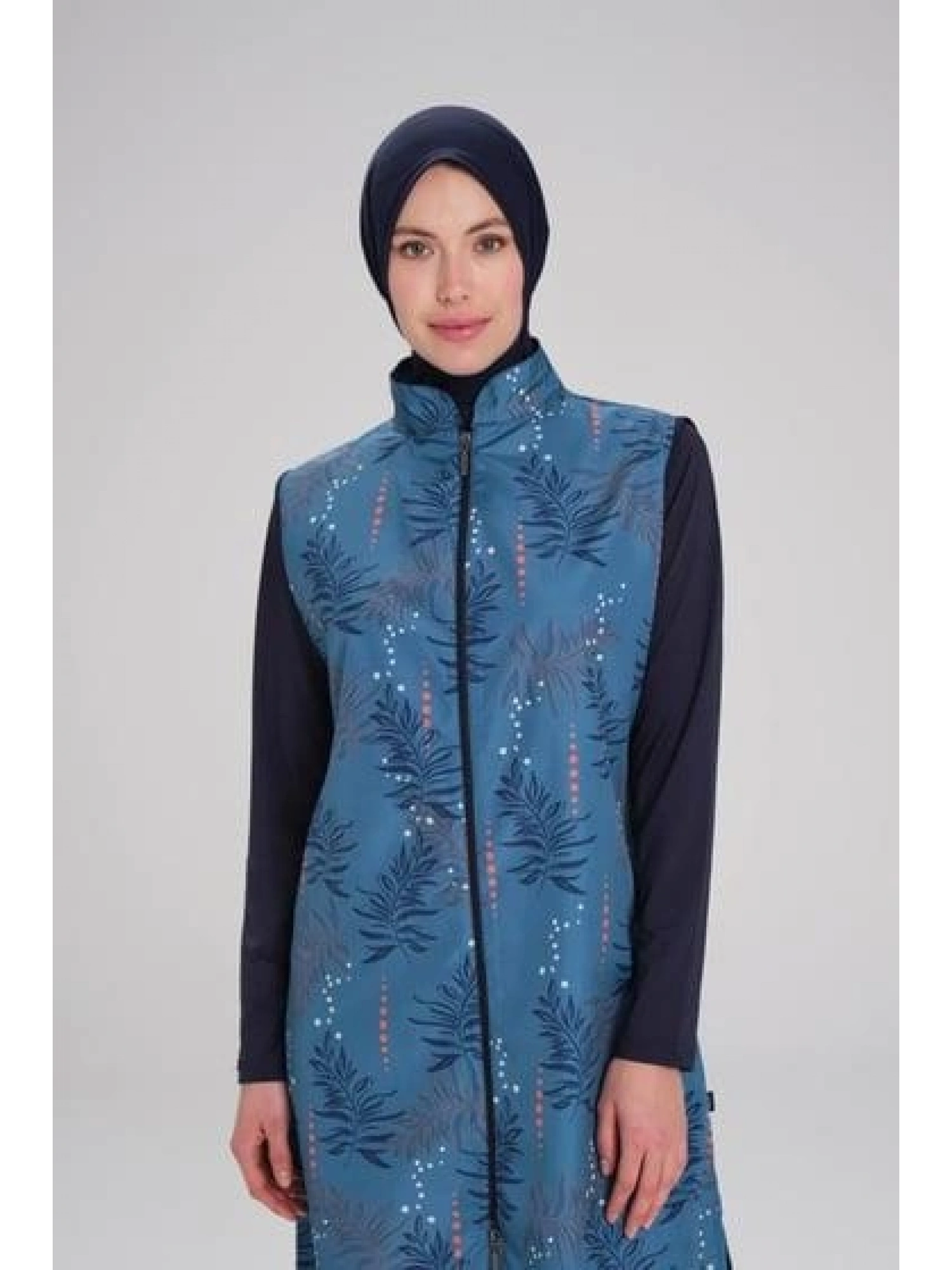 Haşema Yaprak Desenli Petrol 3 Parça Tesettür Mayo Takımı NHR2263