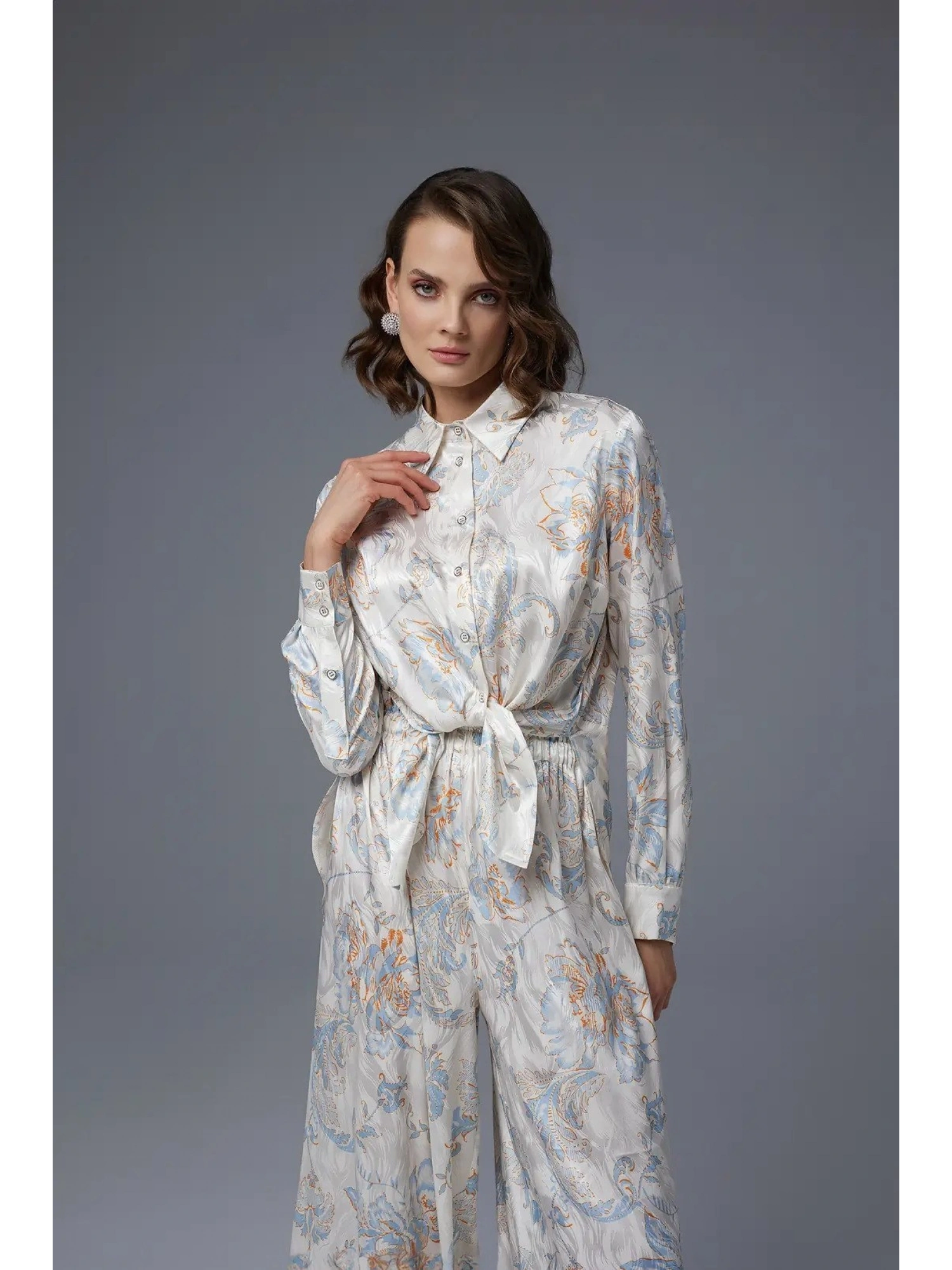 Jamila Sarah Desenli Saten Gömlek Pantolon Takım 9043